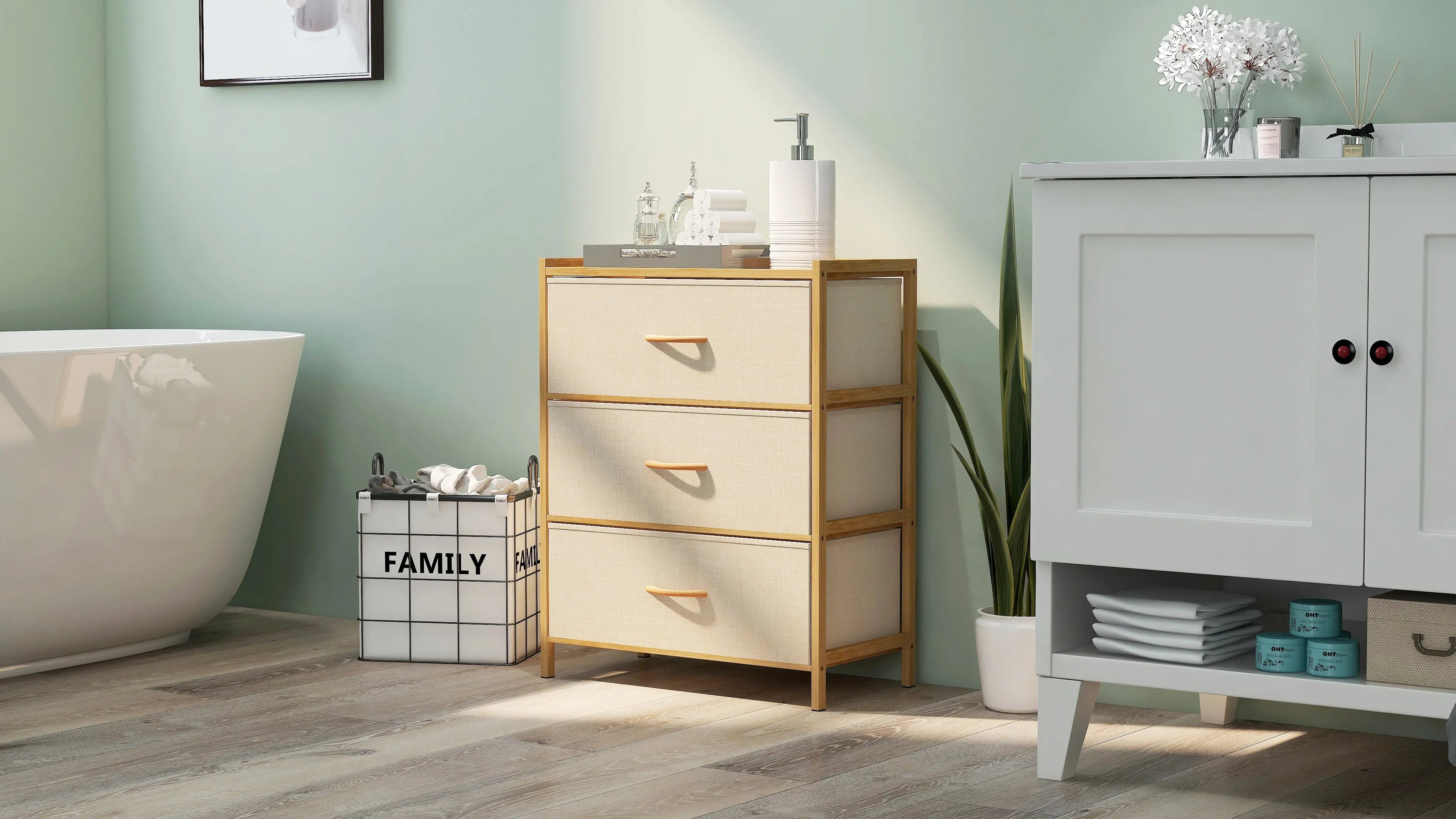 Cómoda bambú de cajones almacenamiento para hogar y oficina, organizador cajonera de estructura bambú y cajones de tela lino poliéster y tela no tejida MU:4LIFE