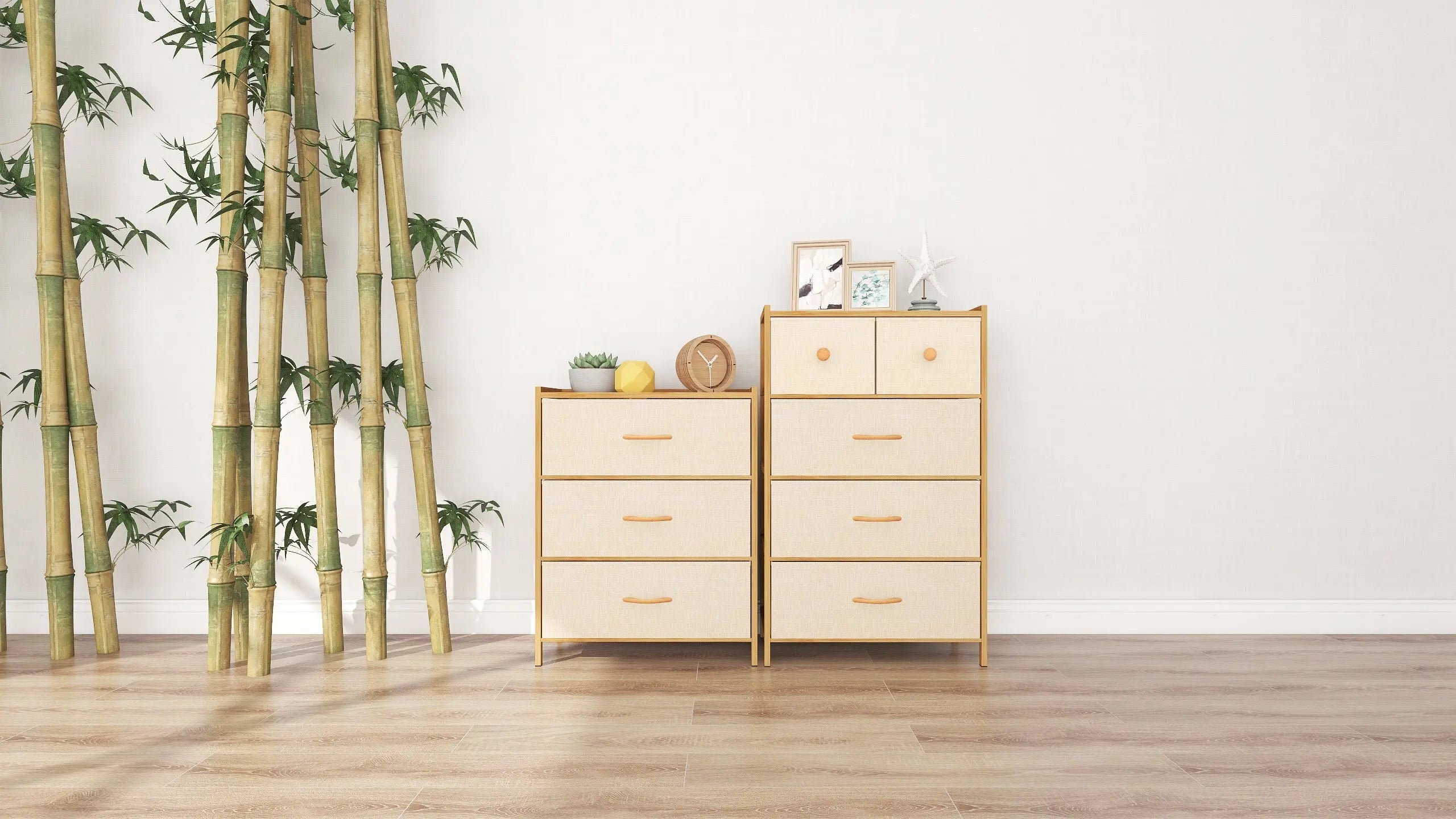 Cómoda bambú de cajones almacenamiento para hogar y oficina, organizador cajonera de estructura bambú y cajones de tela lino poliéster y tela no tejida MU:4LIFE