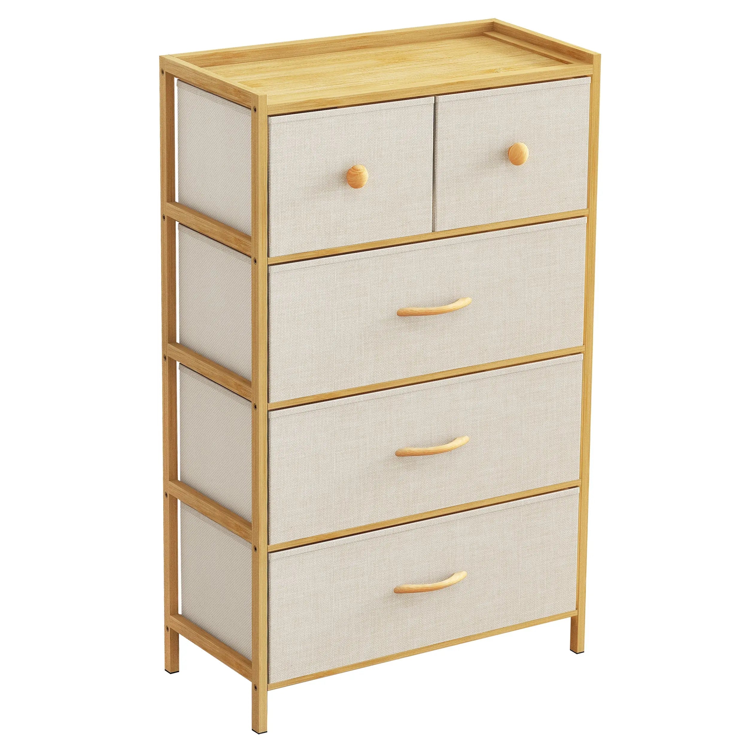 Cómoda bambú de cajones almacenamiento para hogar y oficina, organizador cajonera de estructura bambú y cajones de tela lino poliéster y tela no tejida MU:4LIFE
