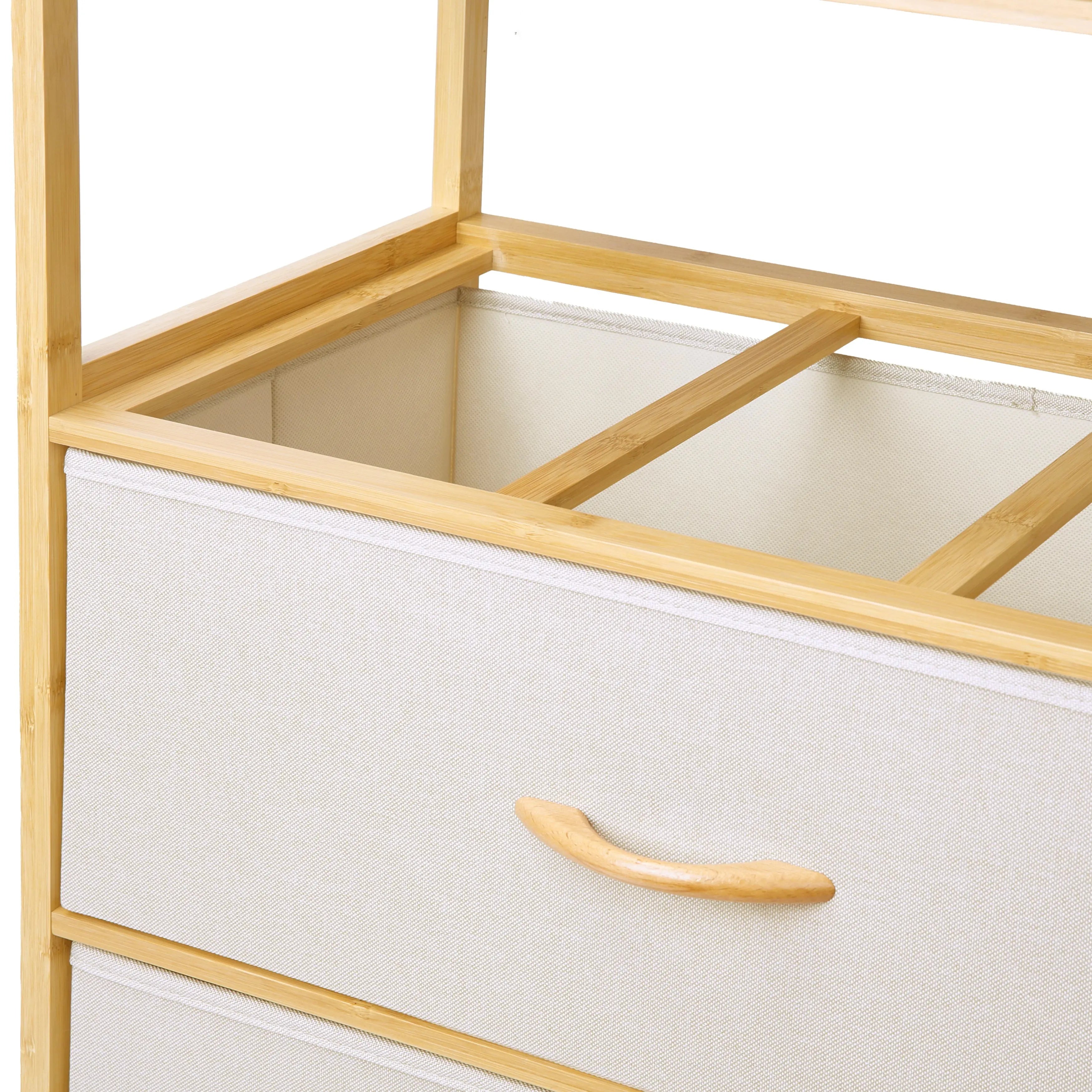 Cómoda bambú de cajones almacenamiento para hogar y oficina, organizador cajonera de estructura bambú y cajones de tela lino poliéster y tela no tejida MU:4LIFE