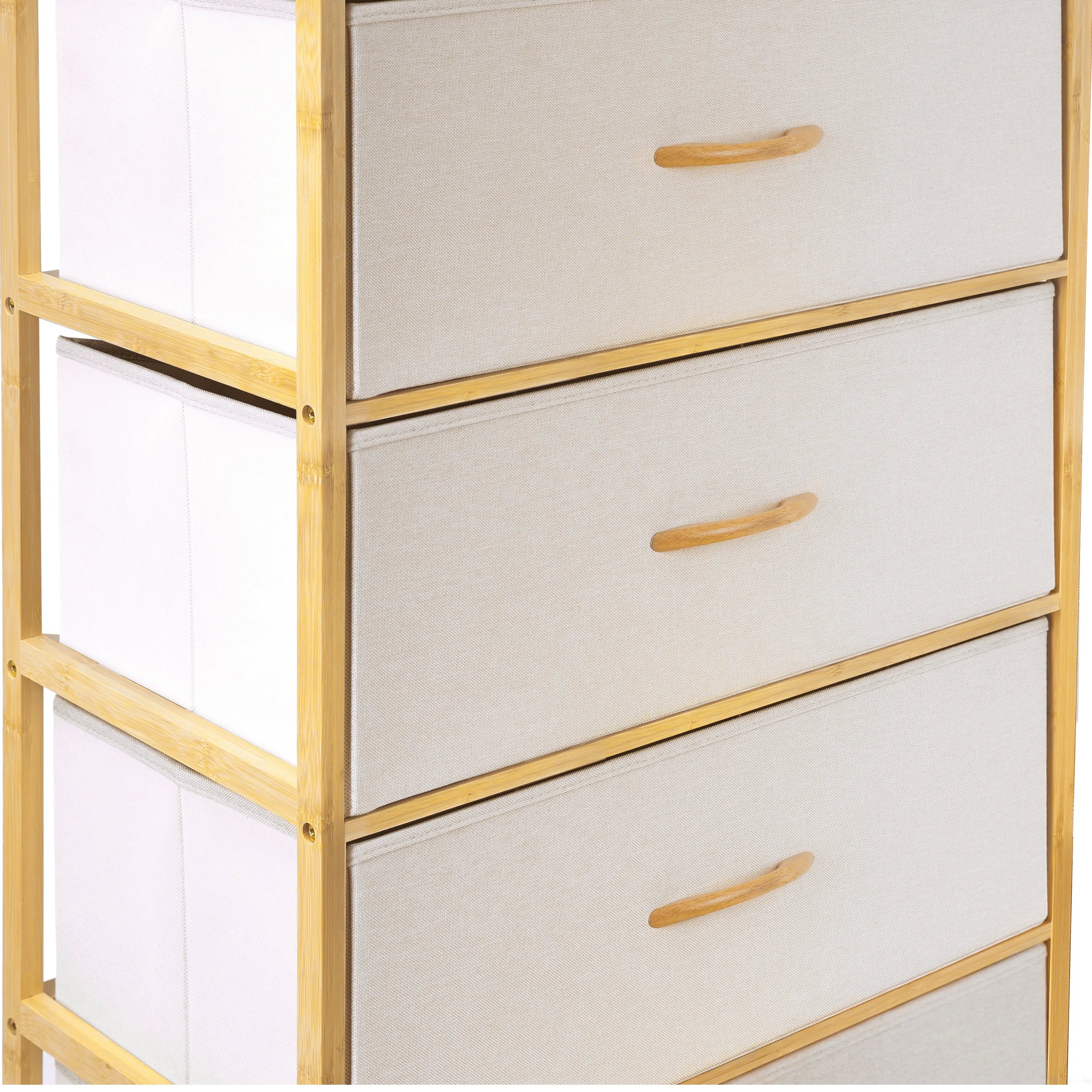 Cómoda bambú de cajones almacenamiento para hogar y oficina, organizador cajonera de estructura bambú y cajones de tela lino poliéster y tela no tejida MU:4LIFE