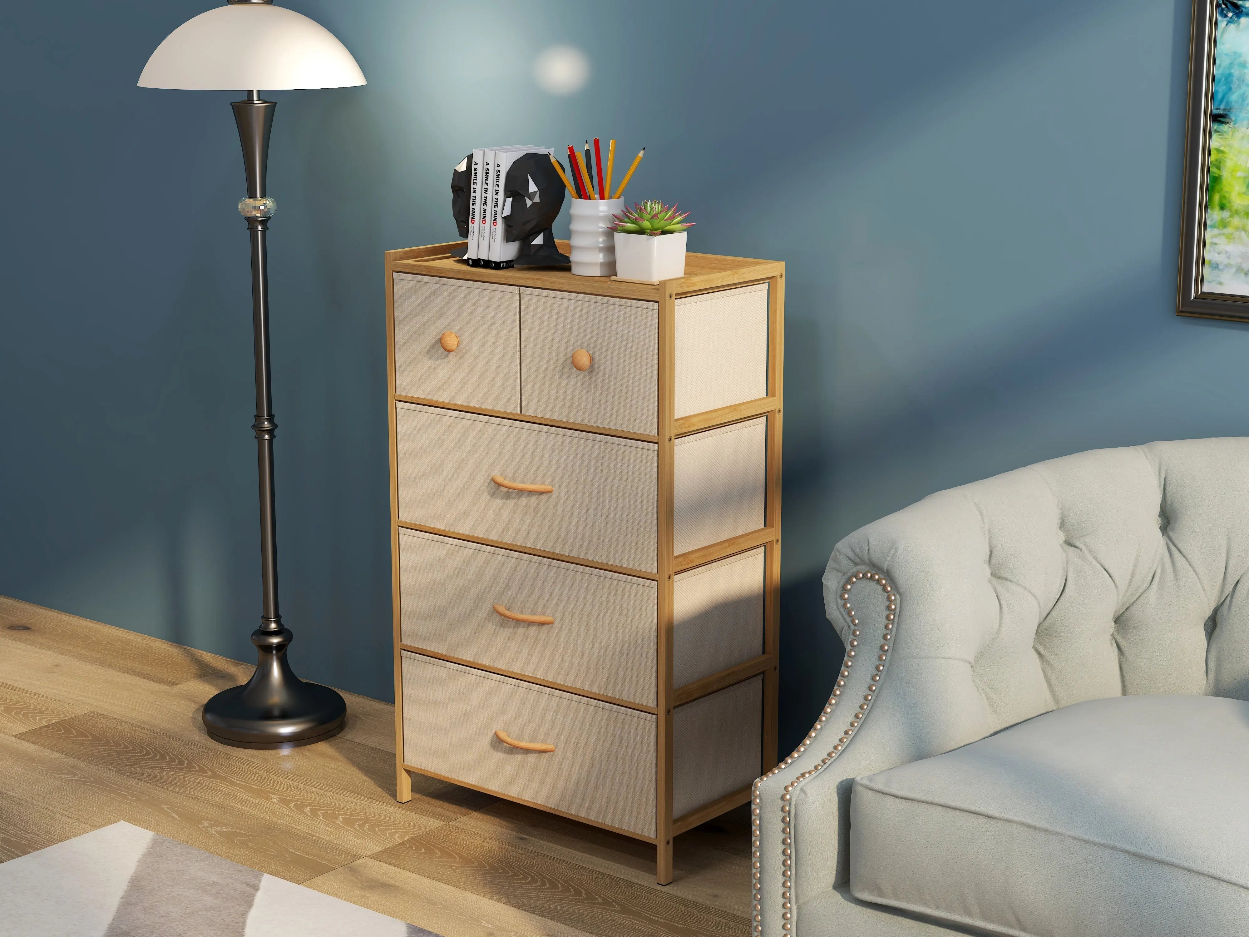 Cómoda bambú de cajones almacenamiento para hogar y oficina, organizador cajonera de estructura bambú y cajones de tela lino poliéster y tela no tejida MU:4LIFE