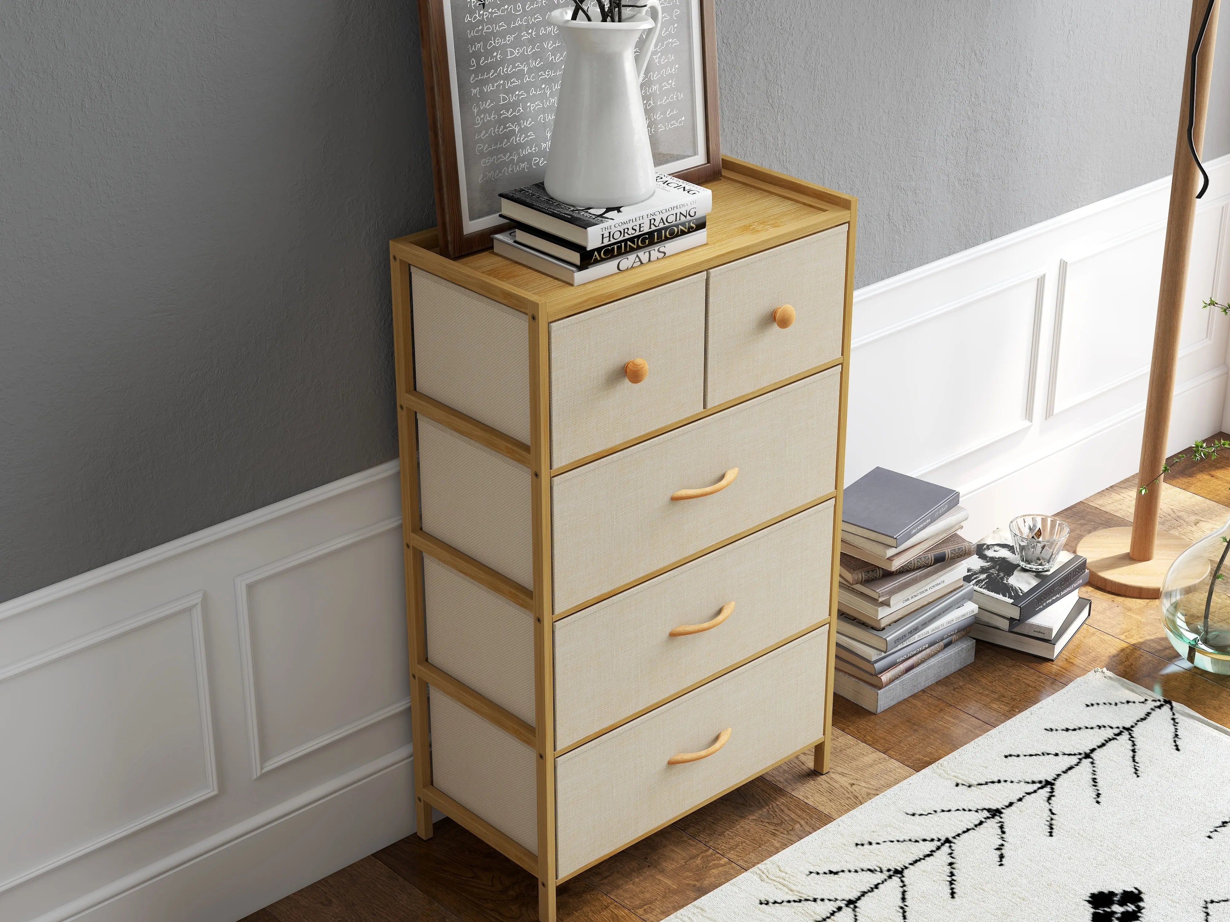 Cómoda bambú de cajones almacenamiento para hogar y oficina, organizador cajonera de estructura bambú y cajones de tela lino poliéster y tela no tejida MU:4LIFE