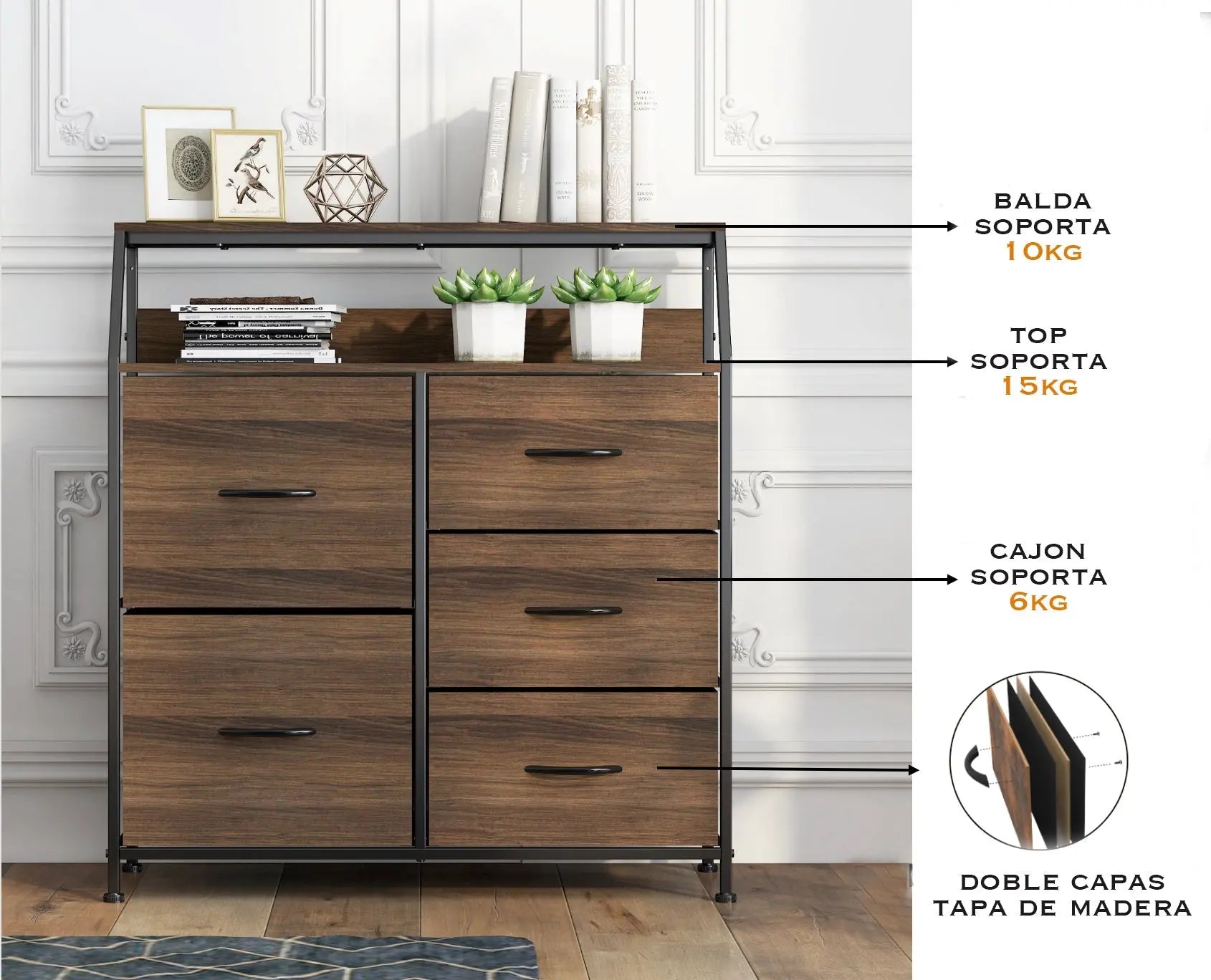 Cómoda de 5 cajones con balda almacenamiento para hogar y oficina, organizador cajonera de estructura metal y cajones de tela no tejida y tabla MDF MU:4LIFE