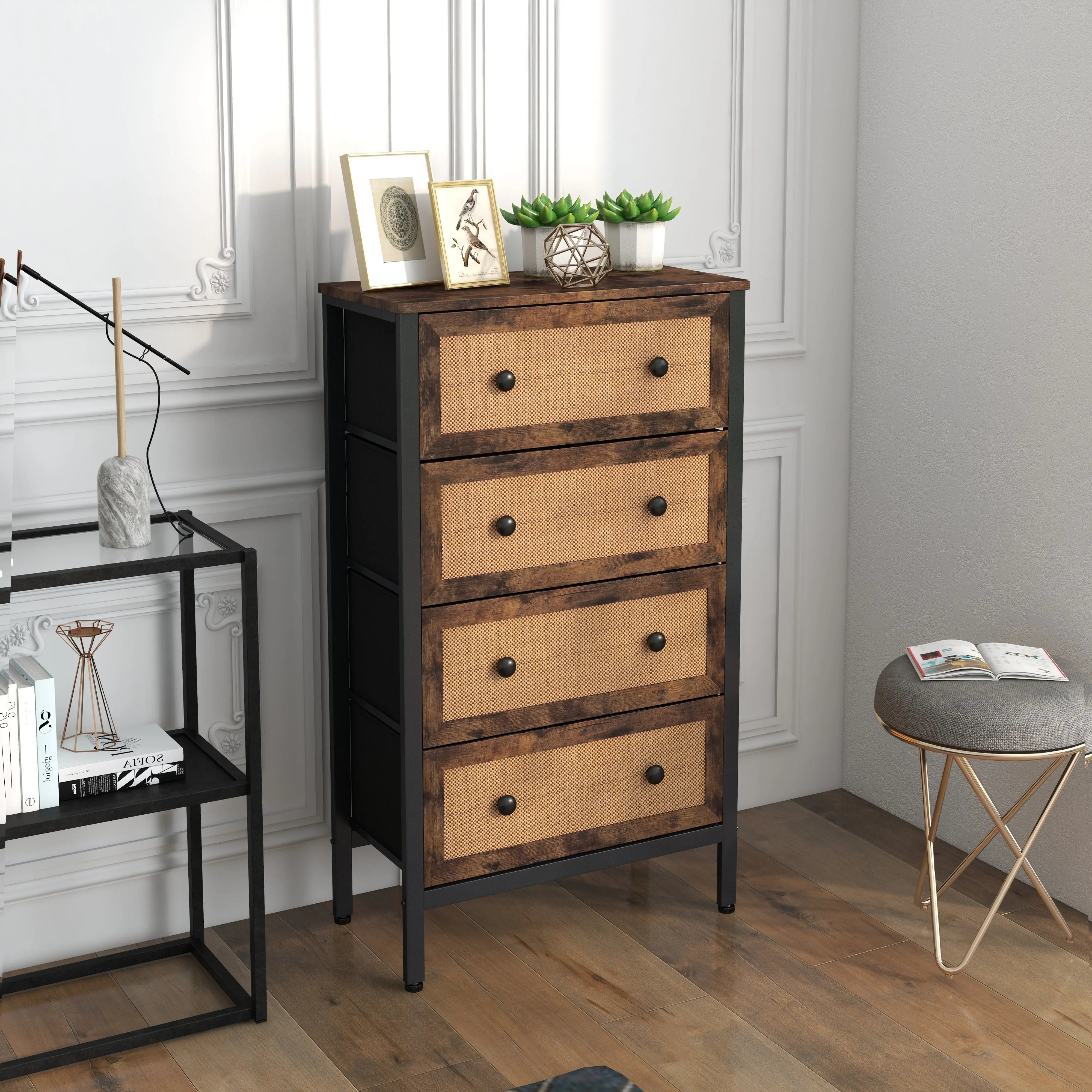 Cómoda vintage de 4 cajones almacenamiento para hogar y oficina, organizador cajonera de estructura metal y cajones de tela no tejida y ratán MU:4LIFE