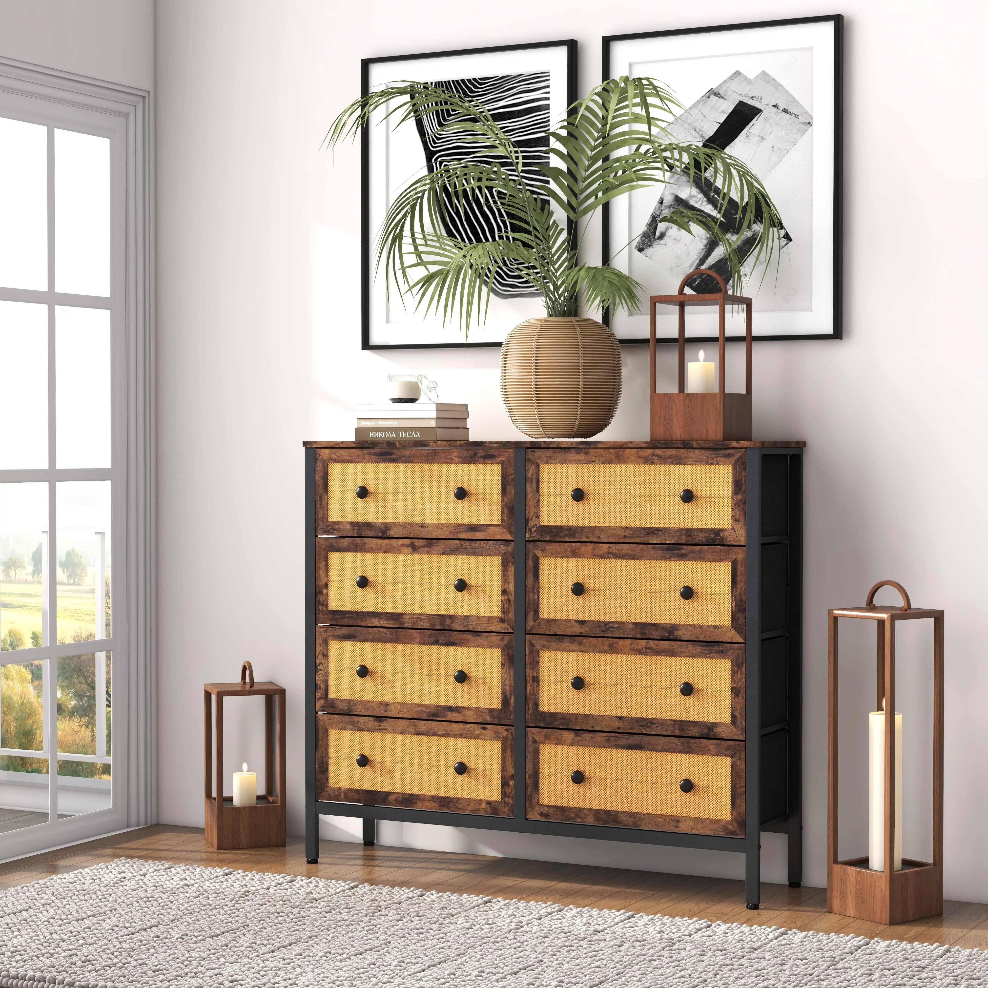 Cómoda vintage de 8 cajones almacenamiento para hogar y oficina, organizador cajonera de estructura metal y cajones de tela no tejida y ratán MU:4LIFE