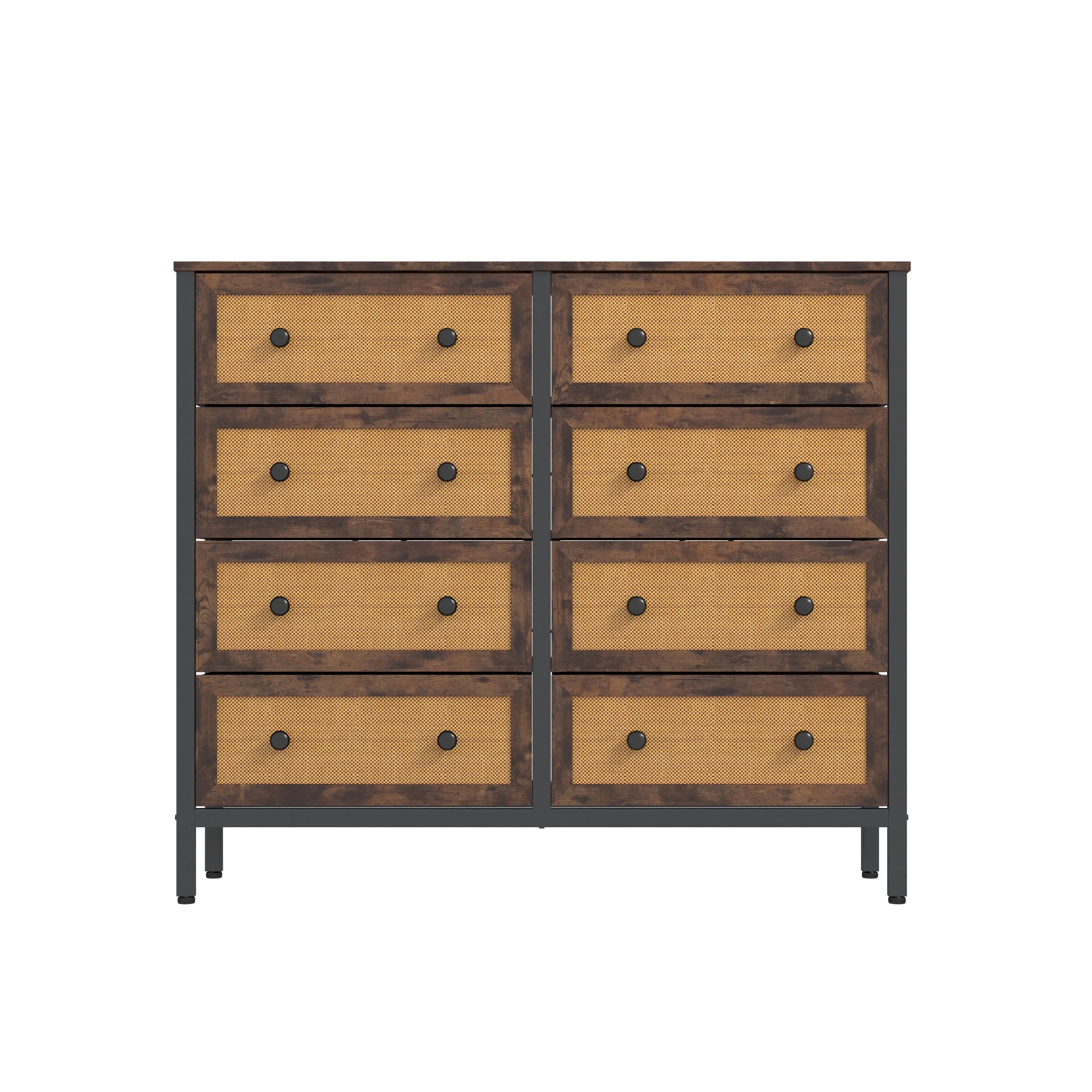 Cómoda vintage de 8 cajones almacenamiento para hogar y oficina, organizador cajonera de estructura metal y cajones de tela no tejida y ratán MU:4LIFE