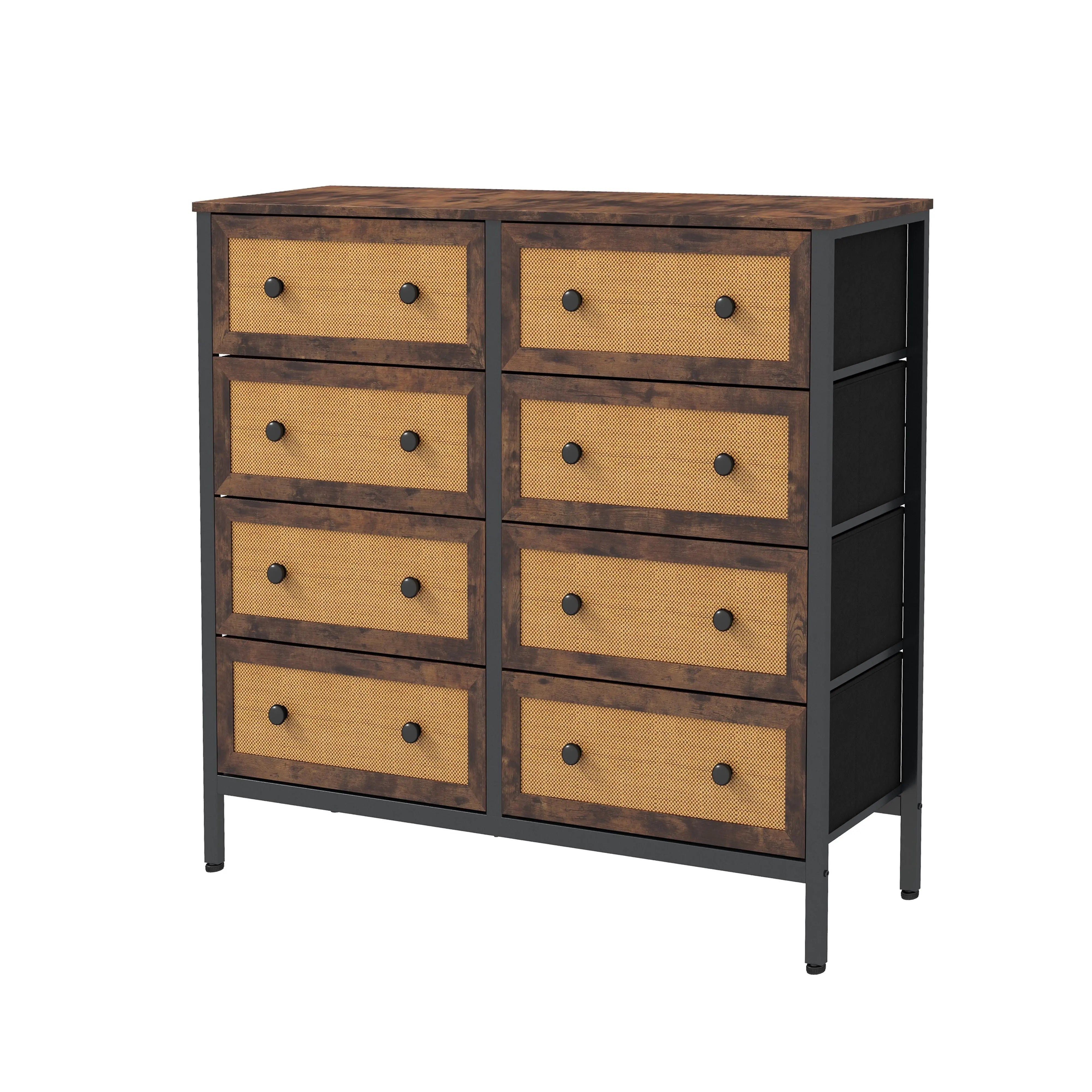 Cómoda vintage de 8 cajones almacenamiento para hogar y oficina, organizador cajonera de estructura metal y cajones de tela no tejida y ratán MU:4LIFE