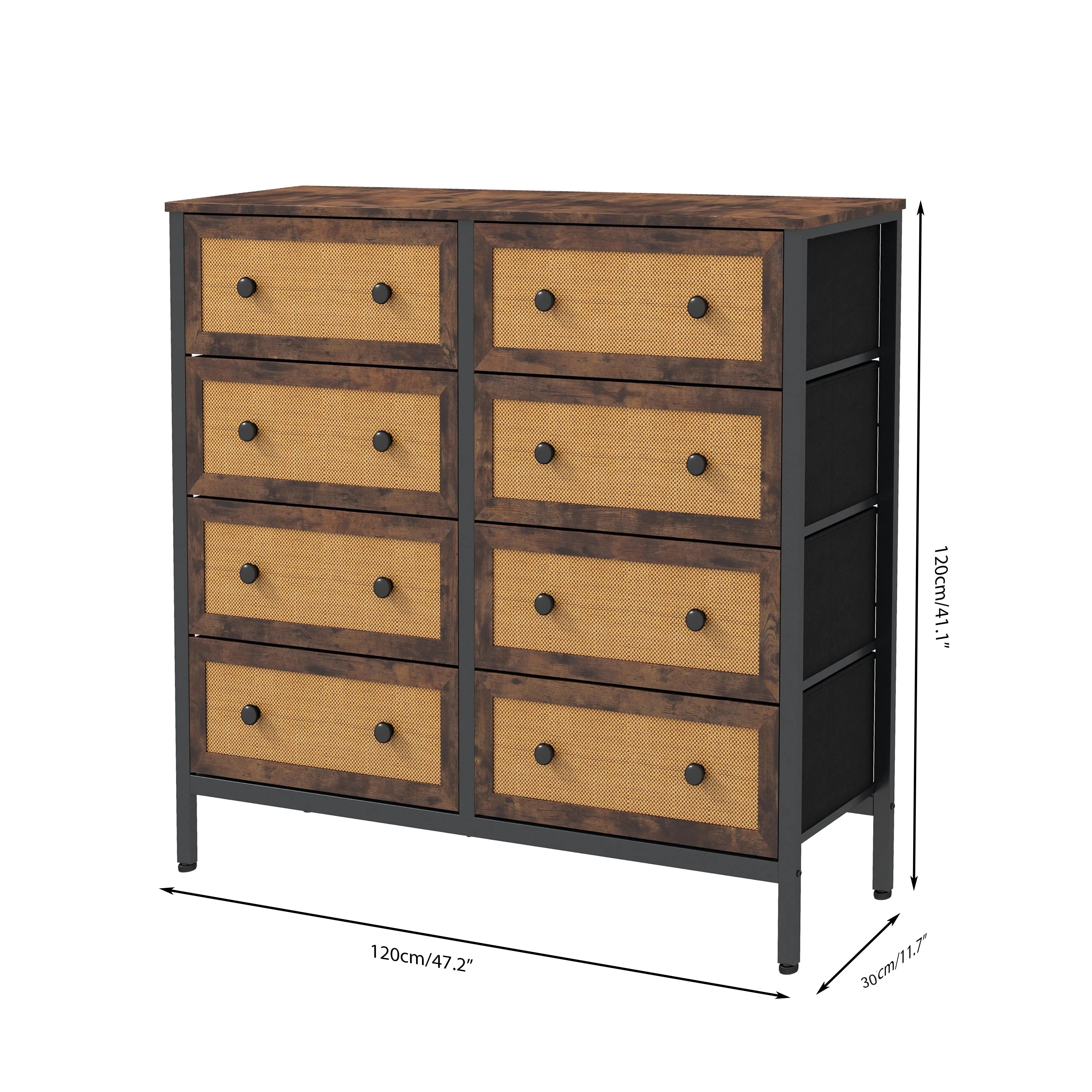 Cómoda vintage de 8 cajones almacenamiento para hogar y oficina, organizador cajonera de estructura metal y cajones de tela no tejida y ratán MU:4LIFE