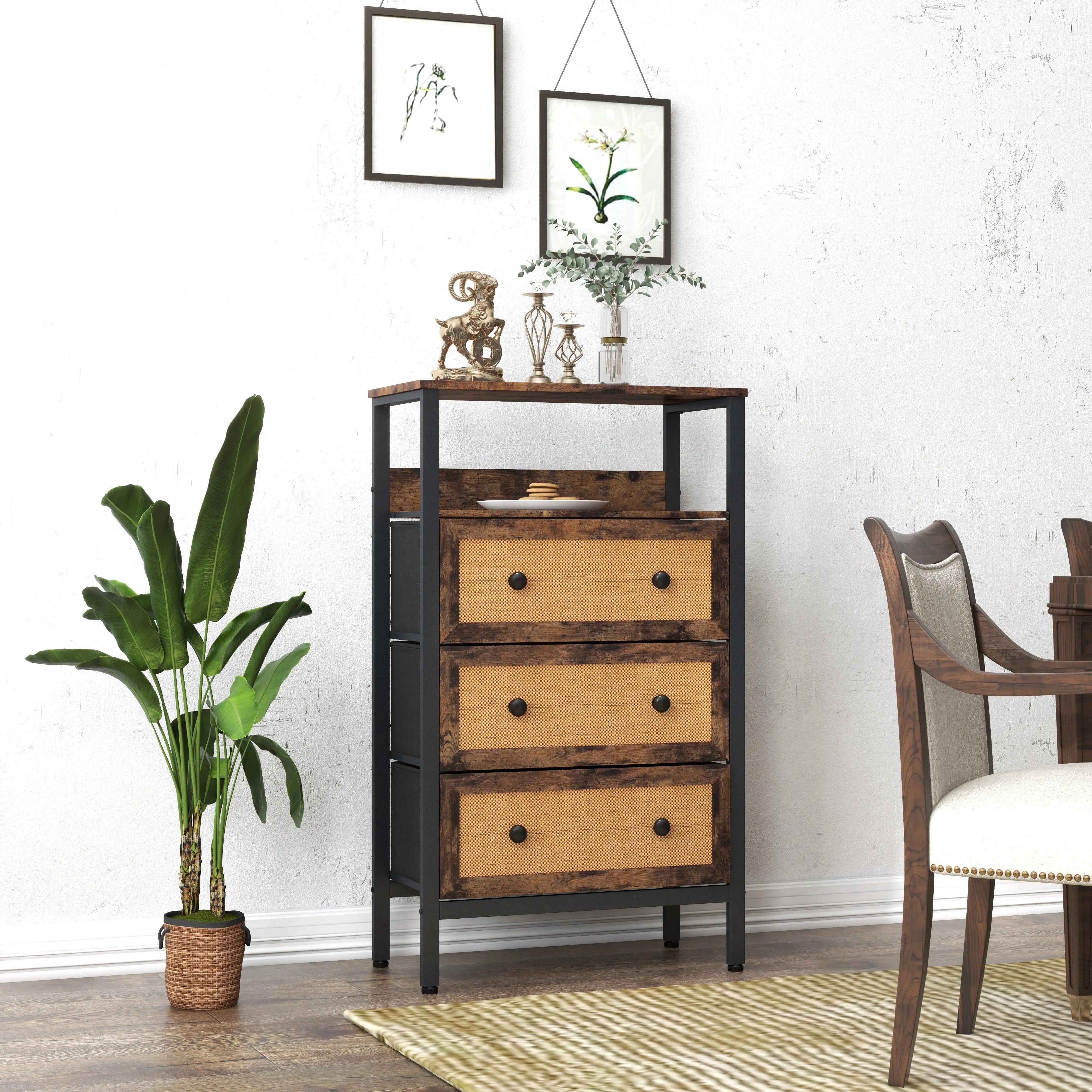 Cómoda vintage de 3 cajones con balda almacenamiento para hogar y oficina, organizador cajonera de estructura metal y cajones de tela no tejida y ratán MU:4LIFE
