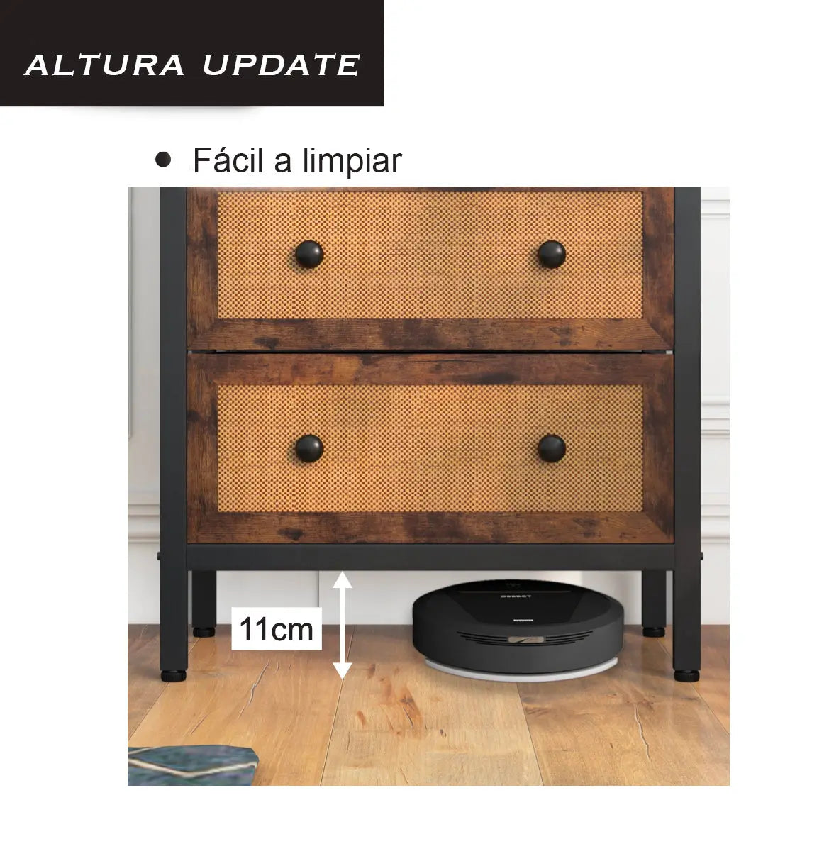 Cómoda vintage de 3 cajones con balda almacenamiento para hogar y oficina, organizador cajonera de estructura metal y cajones de tela no tejida y ratán MU:4LIFE