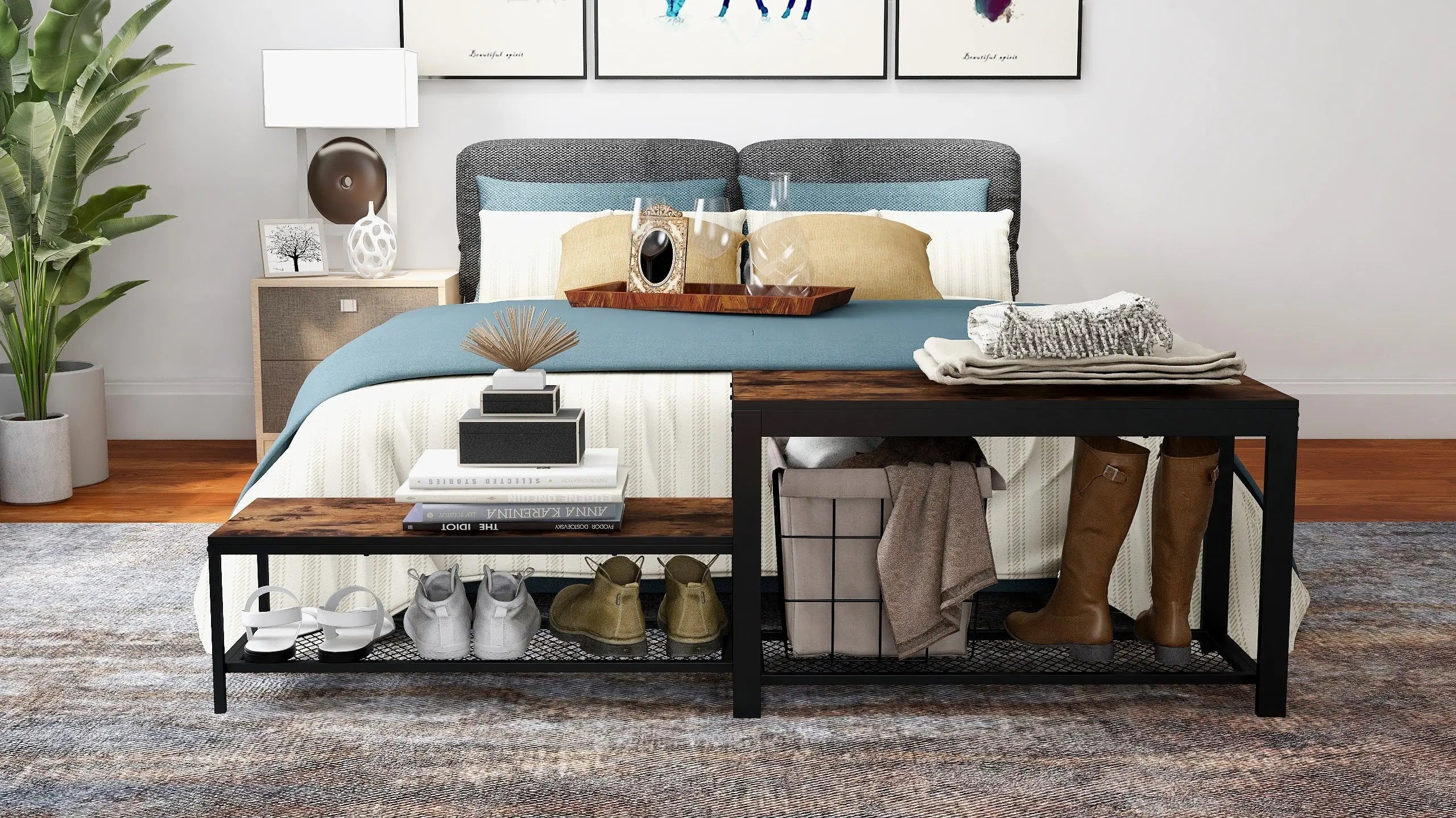 Set de 2 bancas zapateras metálica y tabla MDF, estilo 2 en 1 para entrada MU:4LIFE