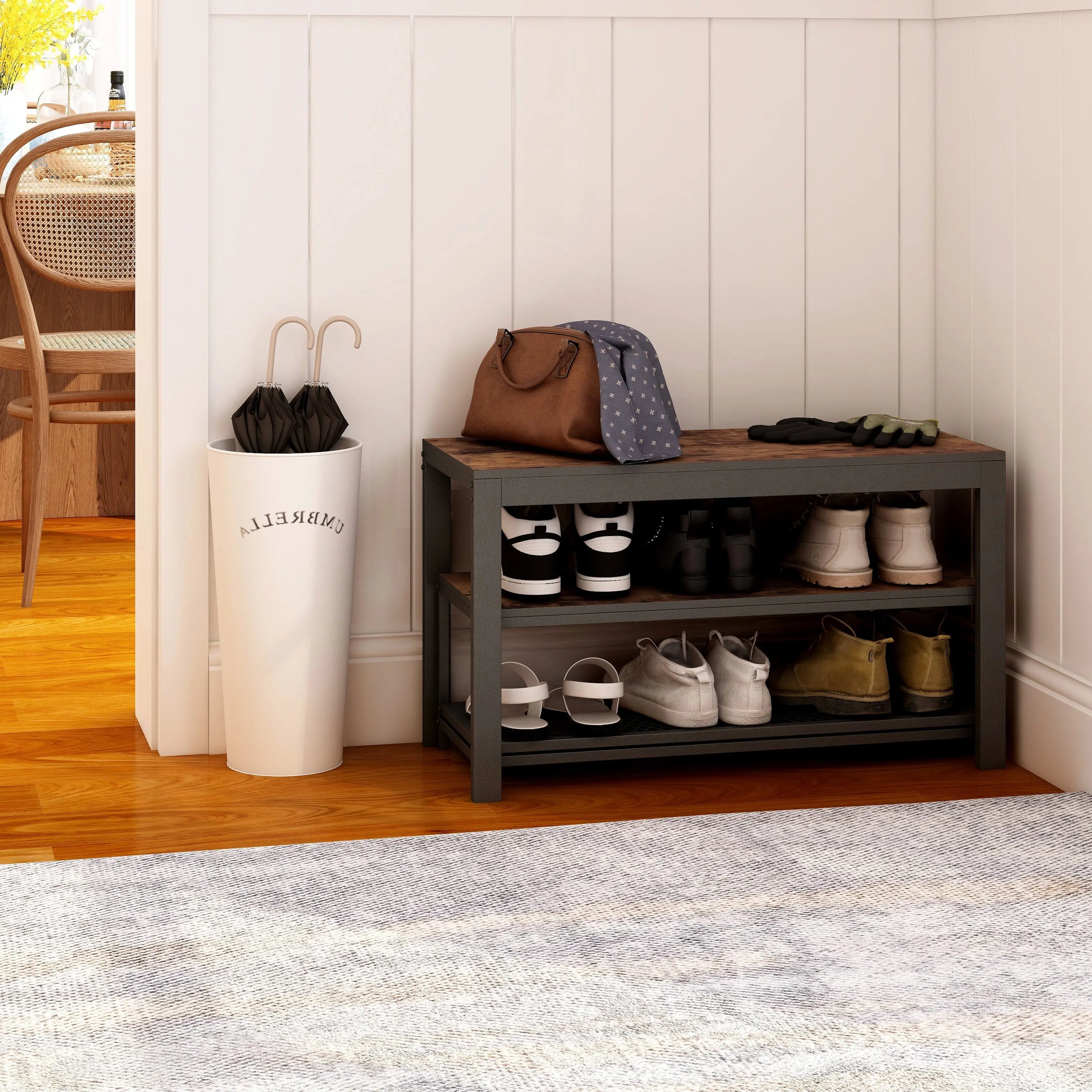 Set de 2 bancas zapateras metálica y tabla MDF, estilo 2 en 1 para entrada MU:4LIFE