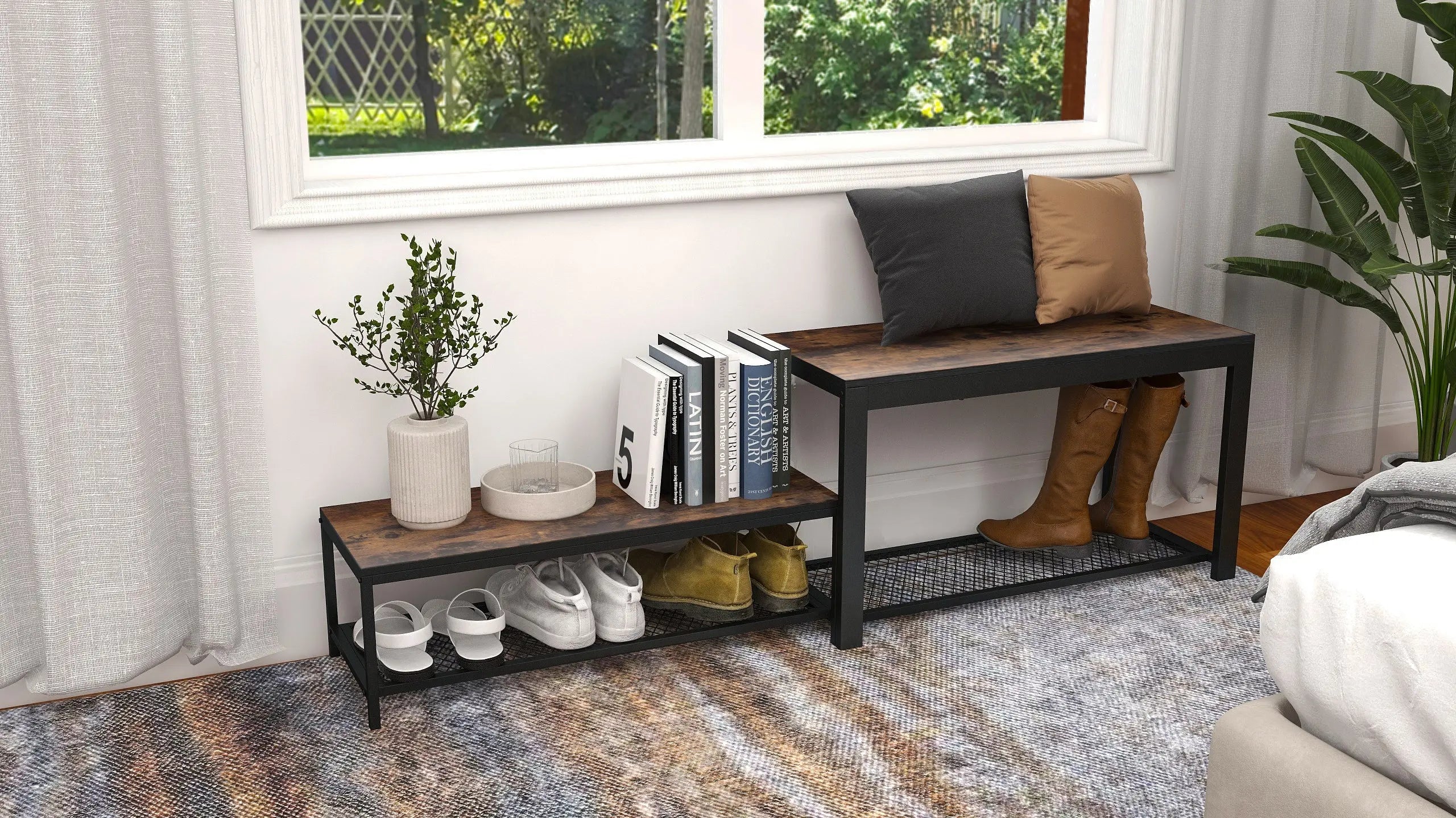 Set de 2 bancas zapateras metálica y tabla MDF, estilo 2 en 1 para entrada MU:4LIFE