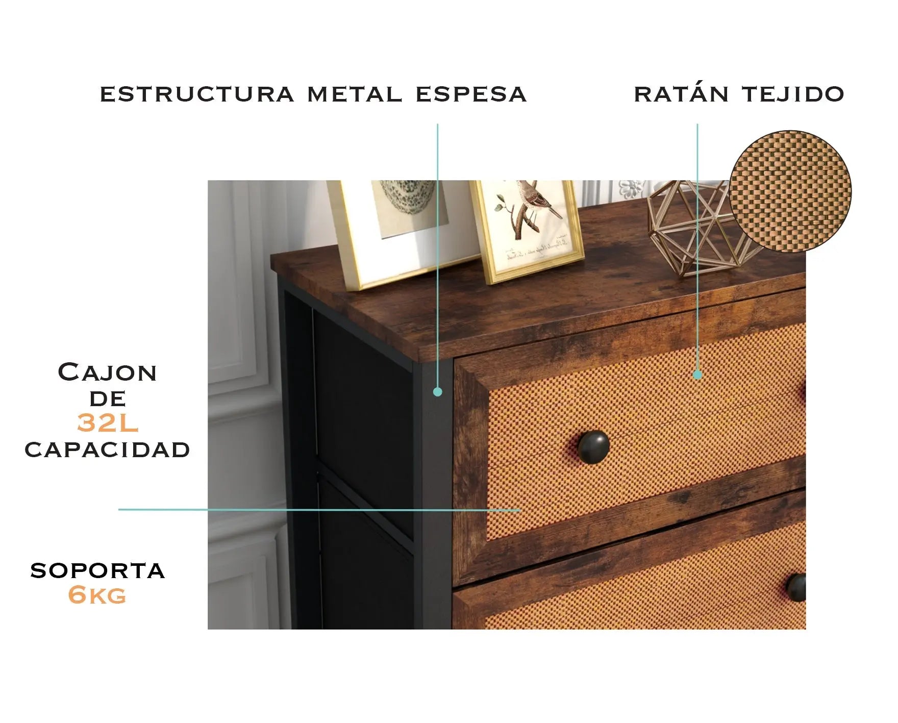 Cómoda vintage de 3 cajones con balda almacenamiento para hogar y oficina, organizador cajonera de estructura metal y cajones de tela no tejida y ratán MU:4LIFE