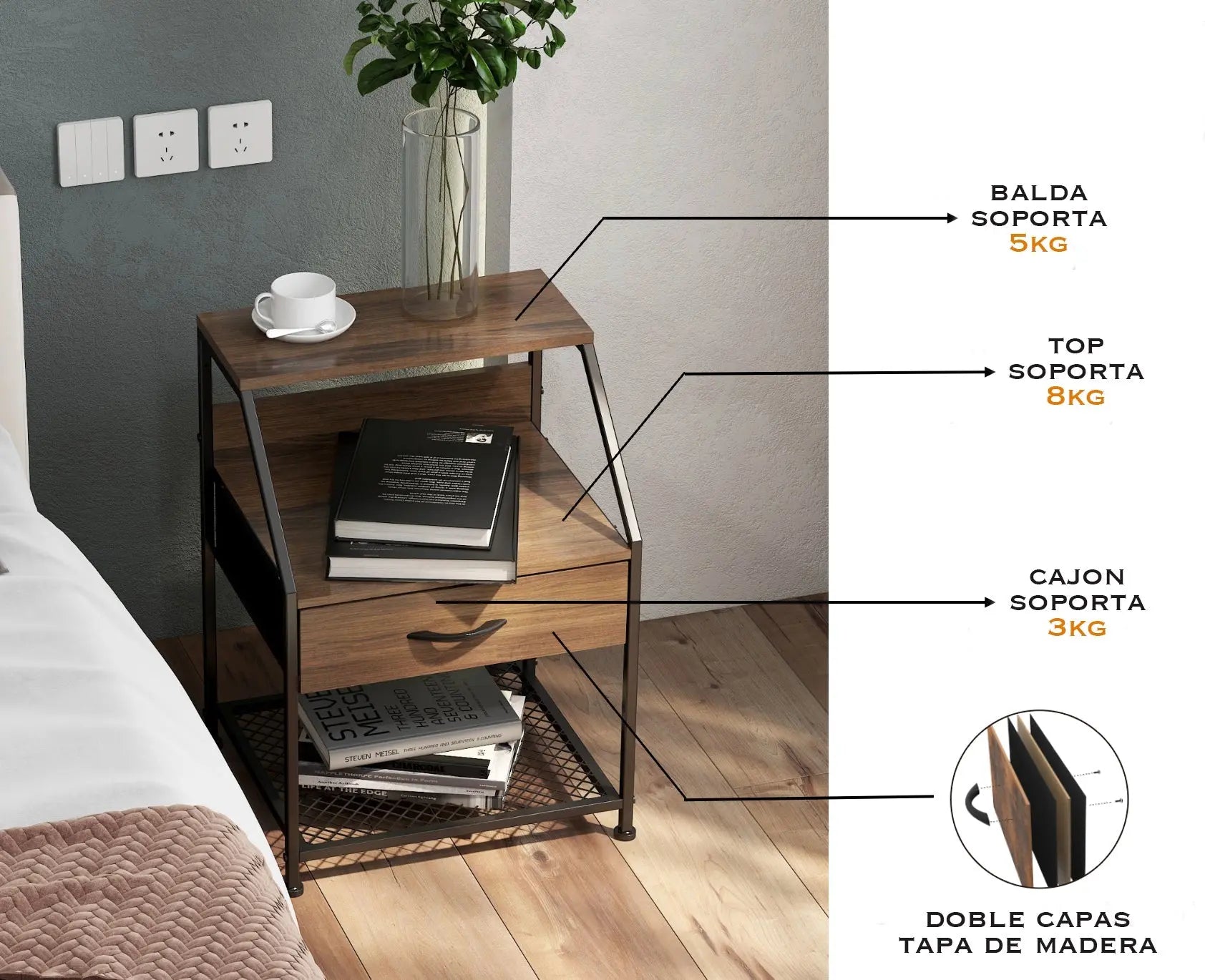 Buró con cajón y balda, organizador cajonera de estructura metal y cajones de tela no tejida y tabla MDF MU:4LIFE