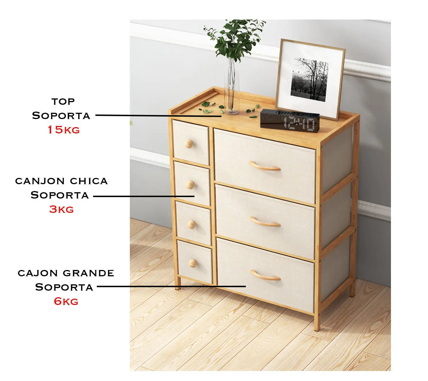 Cómoda bambú de 7 cajones almacenamiento para hogar y oficina, organizador cajonera de estructura bambú y cajones de tela lino poliéster y tela no tejida MU:4LIFE