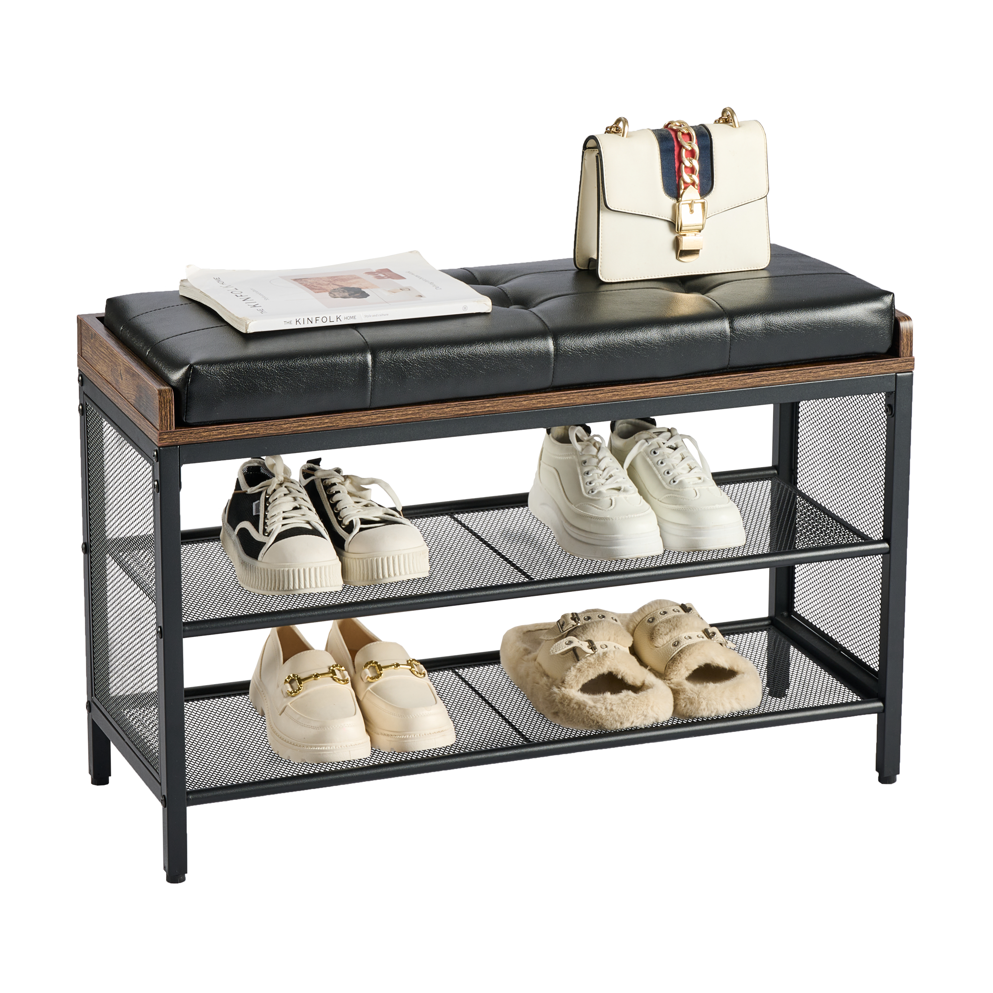 Banco Zapatero 3 Niveles con Asiento Acolchado PU Negro