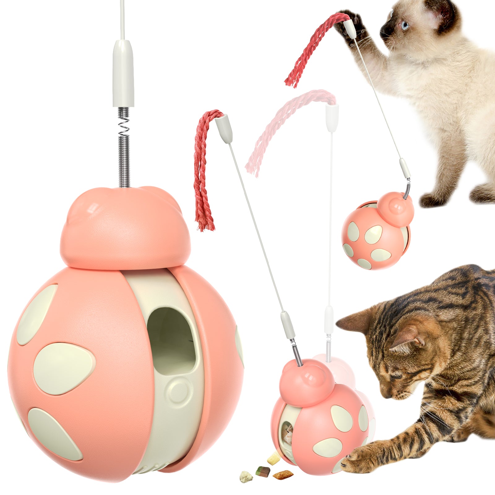 Juguete Dispensador para Gatos, Juguete Interactivo con Vara Elástica, Diseño Tumbler Interactivo, Bola de Ejercicio con Cuerda