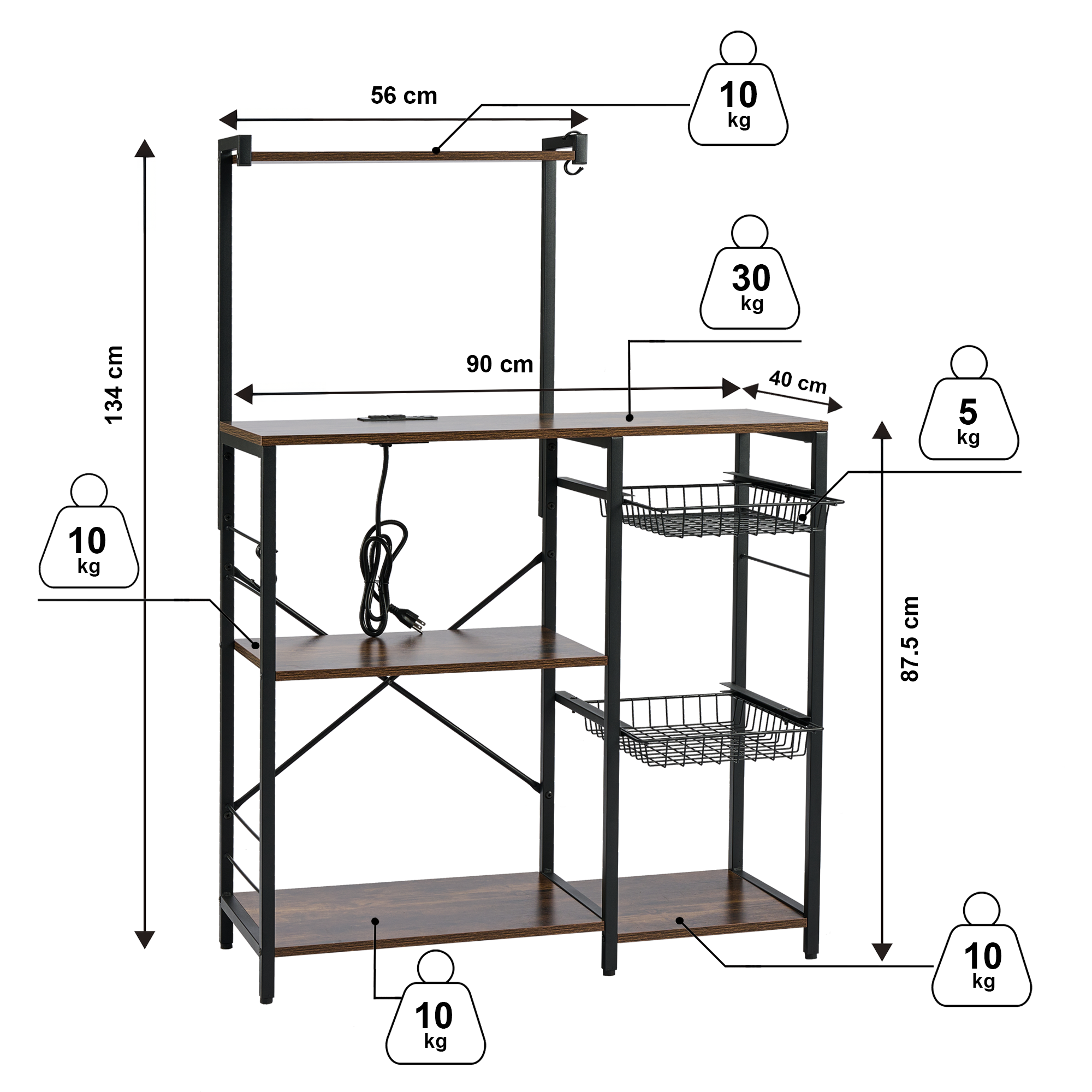 Estante Multiusos con Enchufe Integrado con 2 Cestas Deslizables y Rejilla para Microondas