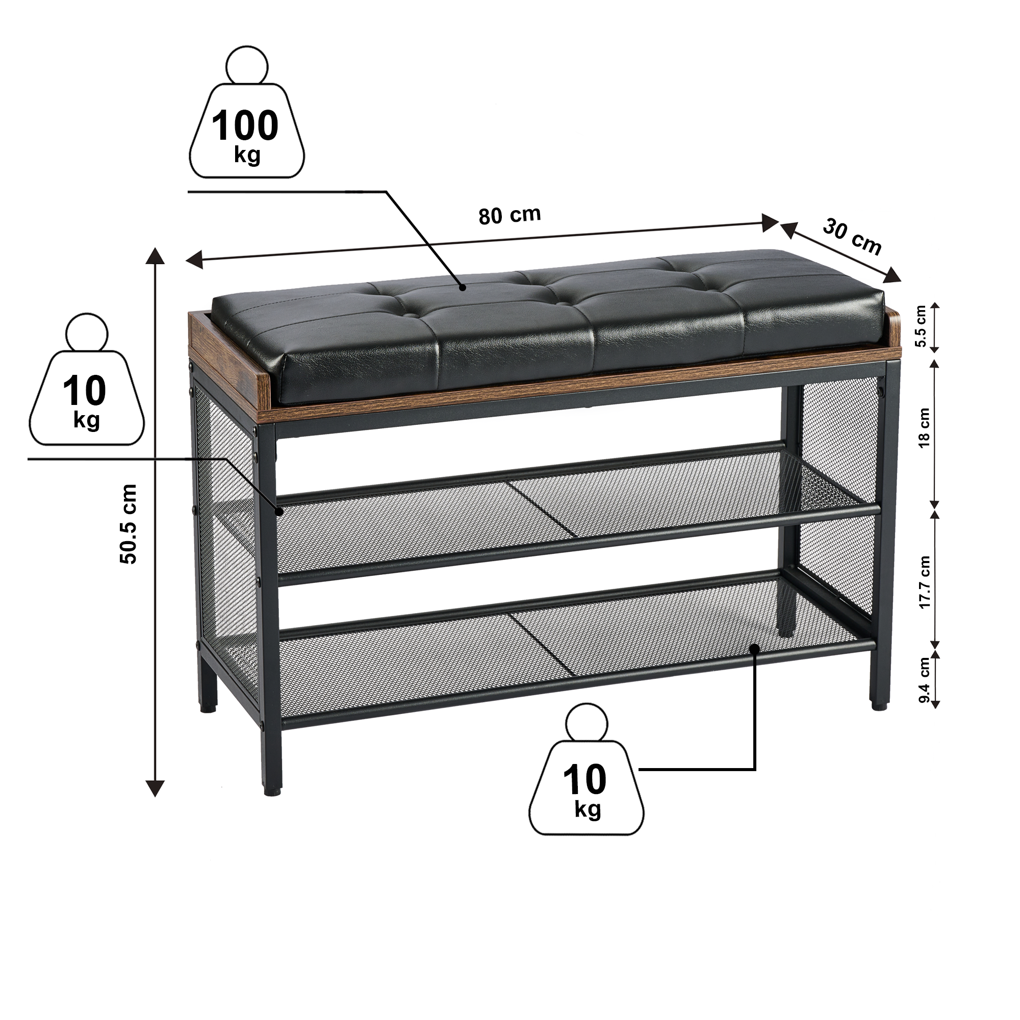 Banco Zapatero 3 Niveles con Asiento Acolchado PU Negro