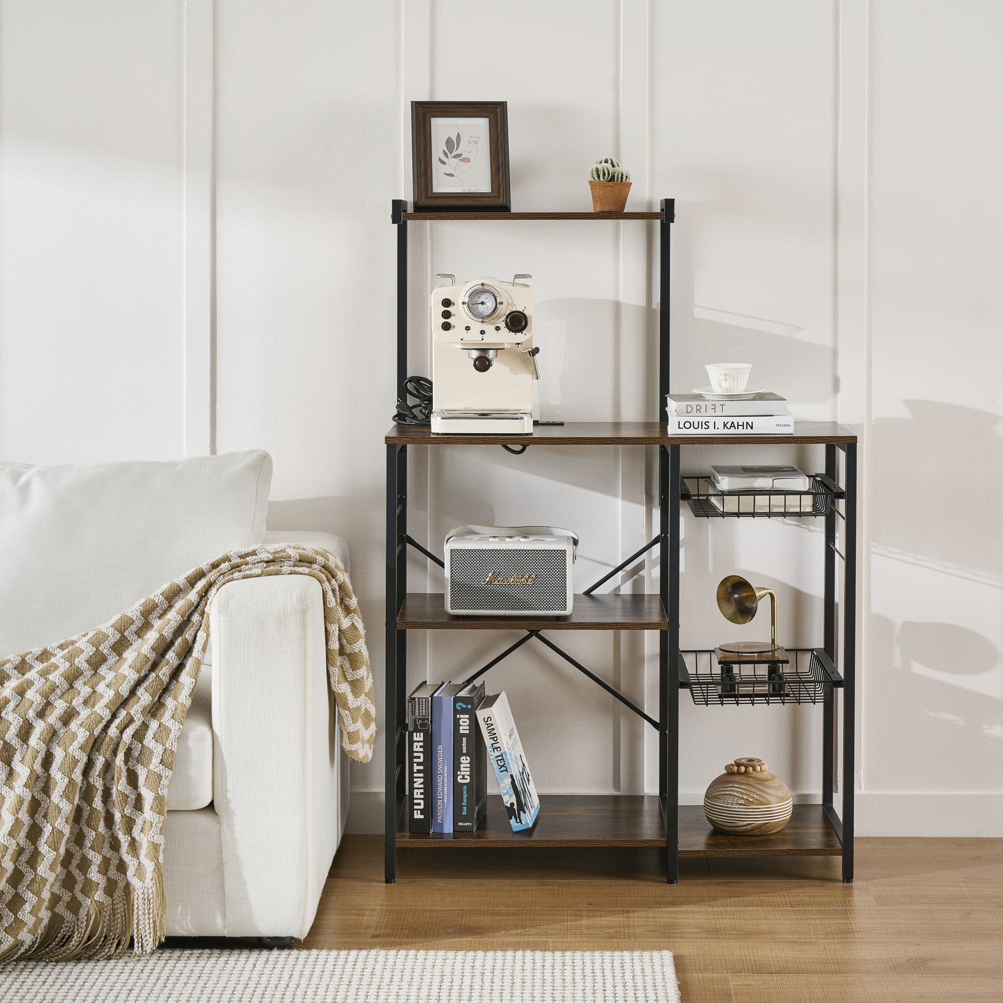 Estante Multiusos con Enchufe Integrado con 2 Cestas Deslizables y Rejilla para Microondas