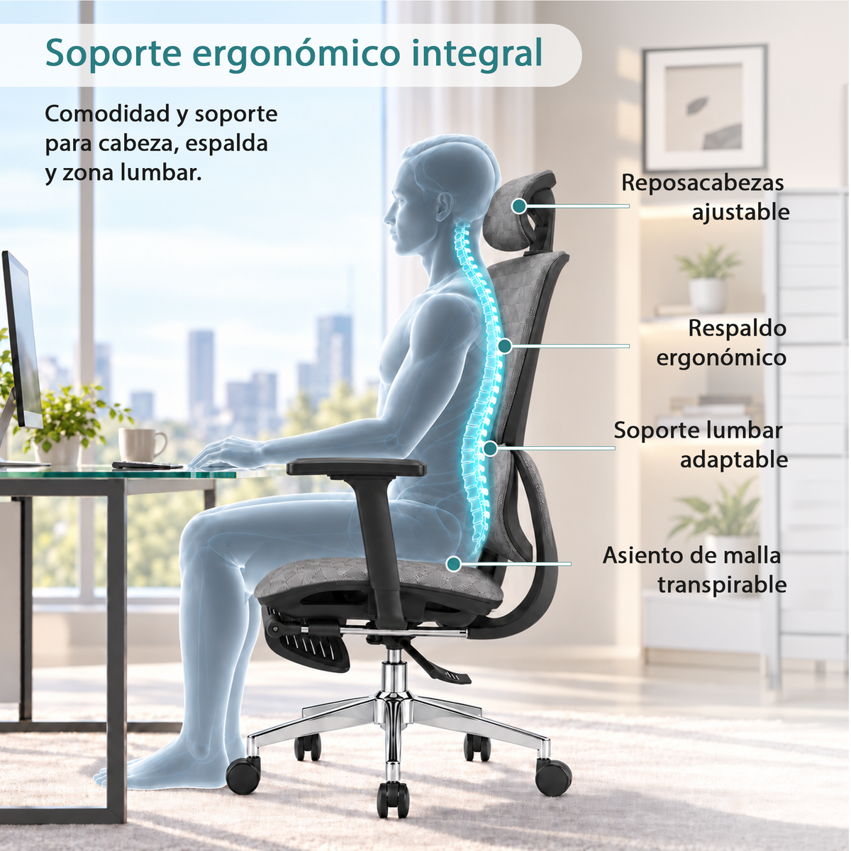 Silla Ejecutiva Ergonómica con Respaldo de Malla, Soporte Lumbar y Reposapiés – Soporta 150 kg | Gris o Negro