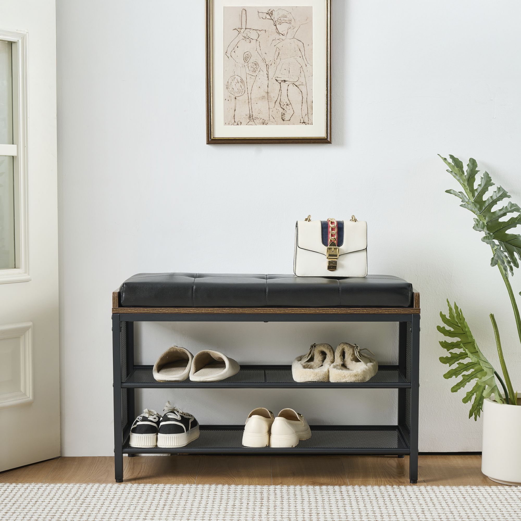 Banco Zapatero 3 Niveles con Asiento Acolchado PU Negro