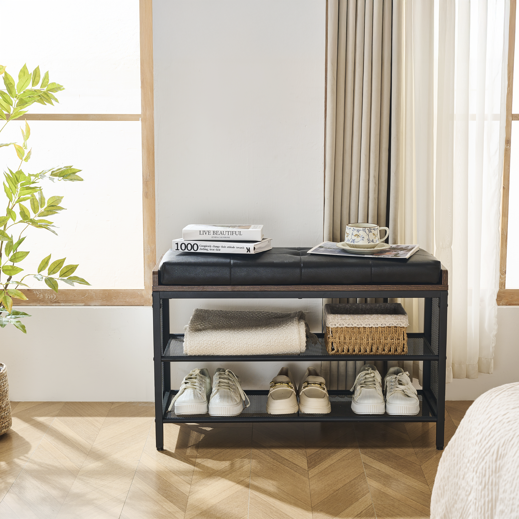 Banco Zapatero 3 Niveles con Asiento Acolchado PU Negro