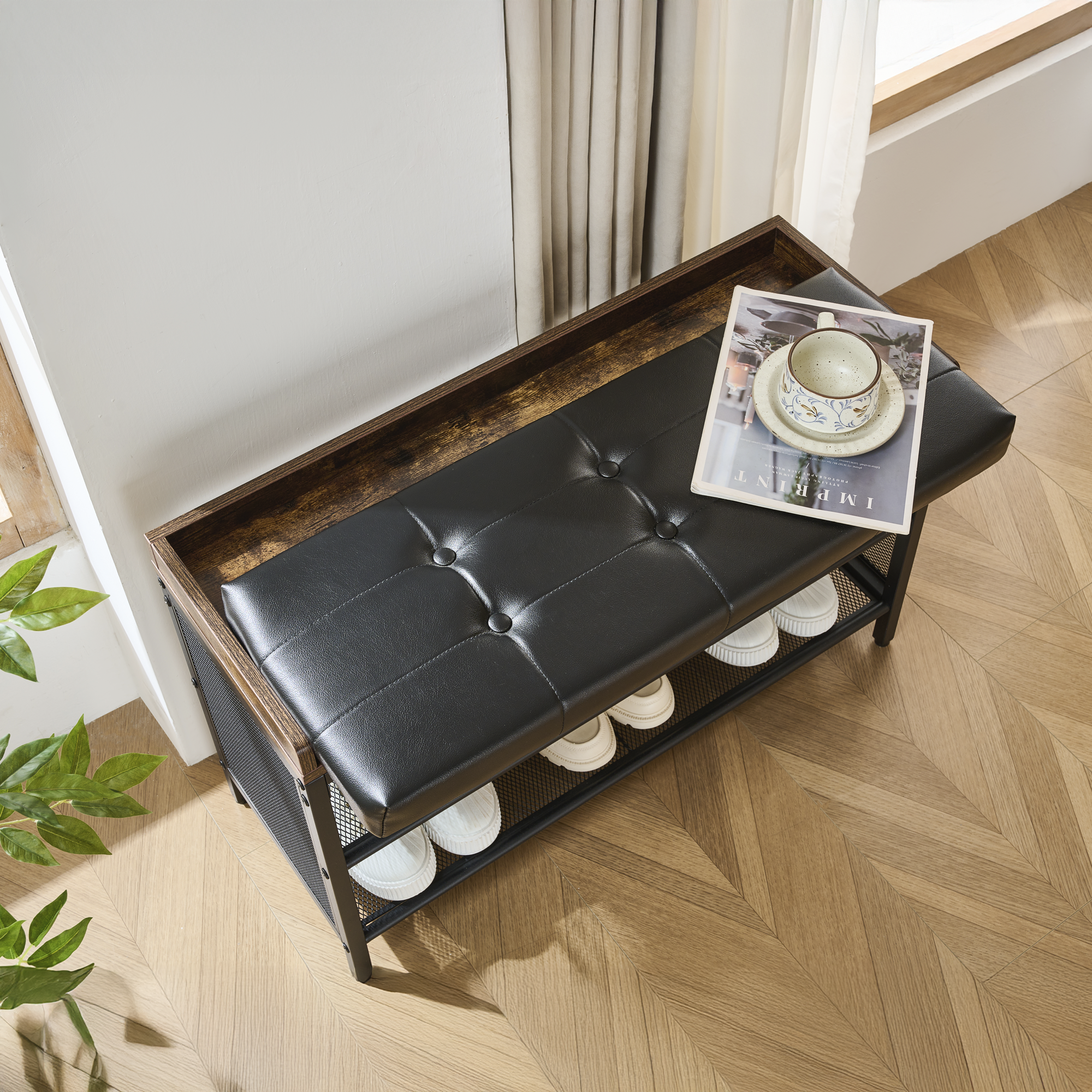 Banco Zapatero 3 Niveles con Asiento Acolchado PU Negro