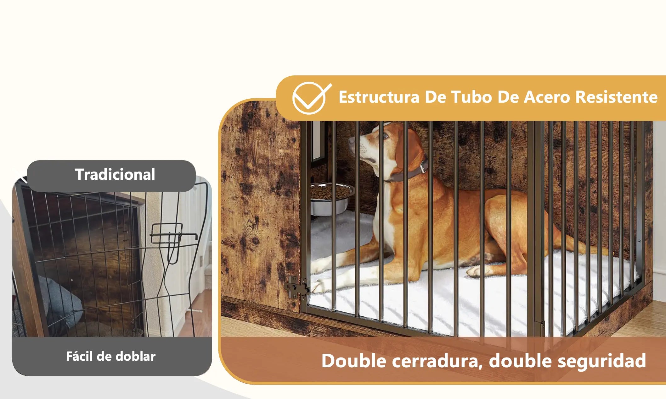 Mueble Jaula para Perros con Puerta de Rotación 270°, 2 Tazones Giratorios 360° y Cojín Doble Cara, Casa de Perro de Alta Resistencia para Uso Interior (Atigrado) MU:4LIFE