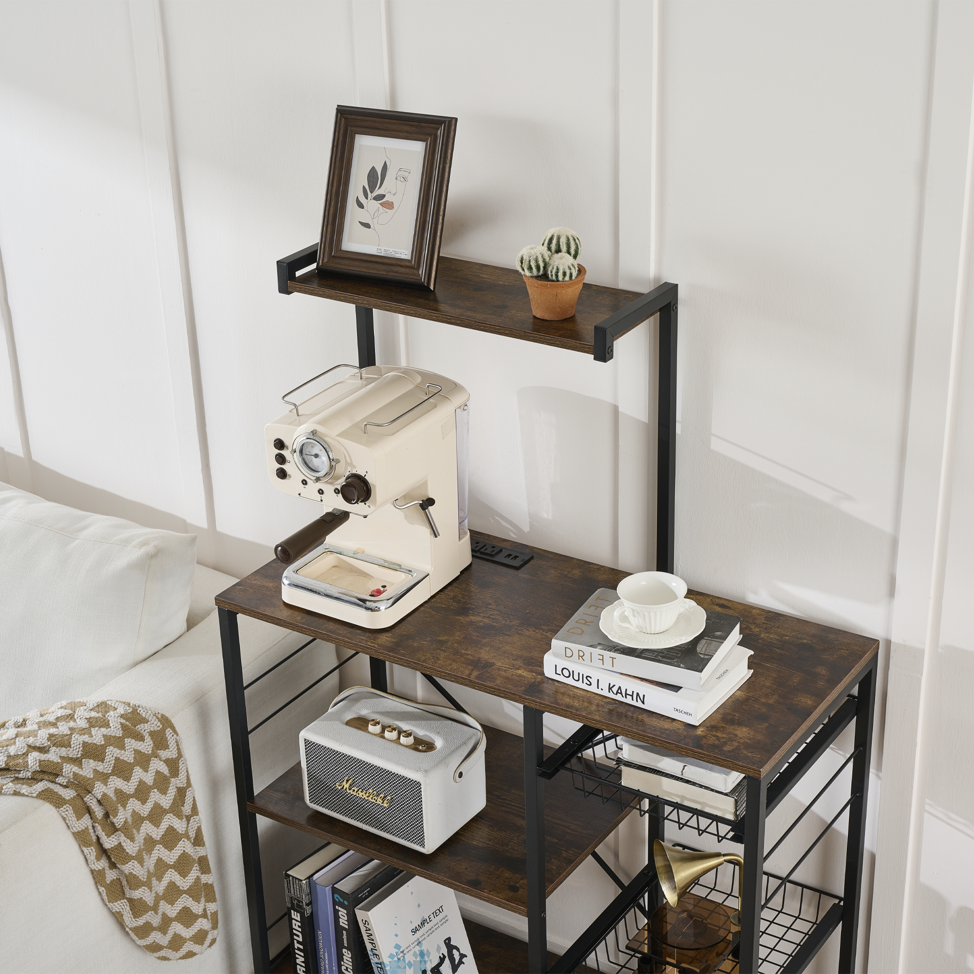 Estante Multiusos con Enchufe Integrado con 2 Cestas Deslizables y Rejilla para Microondas