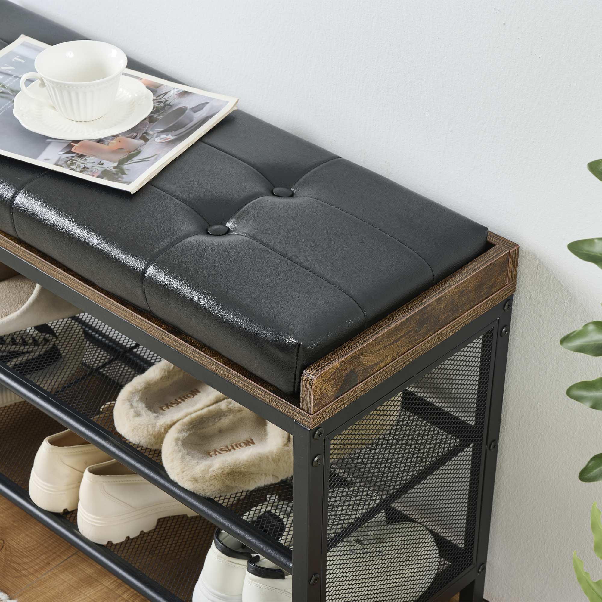 Banco Zapatero 3 Niveles con Asiento Acolchado PU Negro