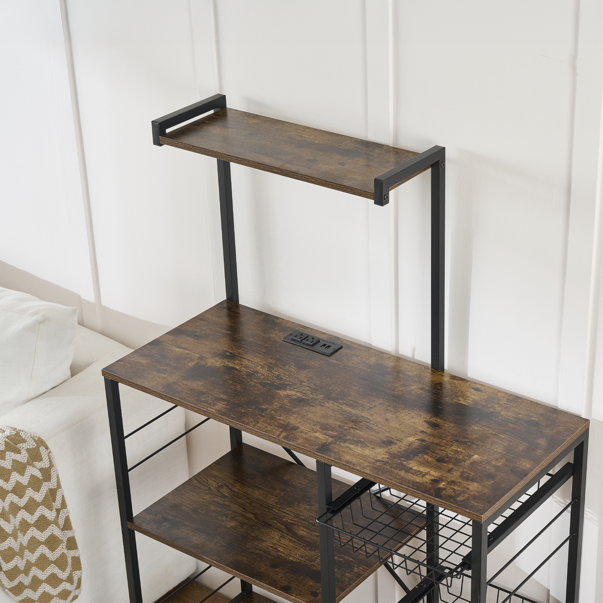 Estante Multiusos con Enchufe Integrado con 2 Cestas Deslizables y Rejilla para Microondas