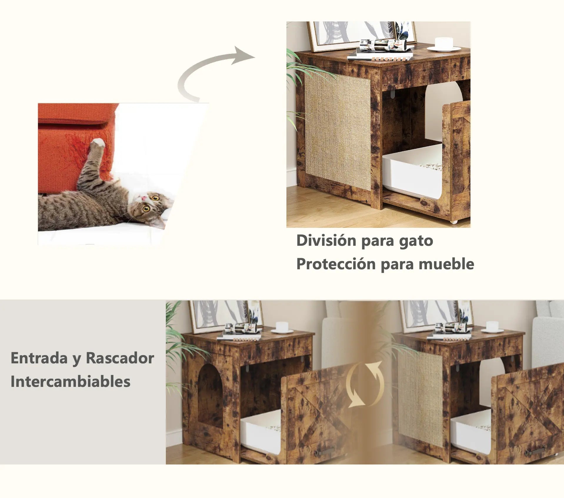 MU:4LIFE Pull-out Mueble Caja Arenero para Gato con Tabla Rascador Y Ruedas MU:4LIFE