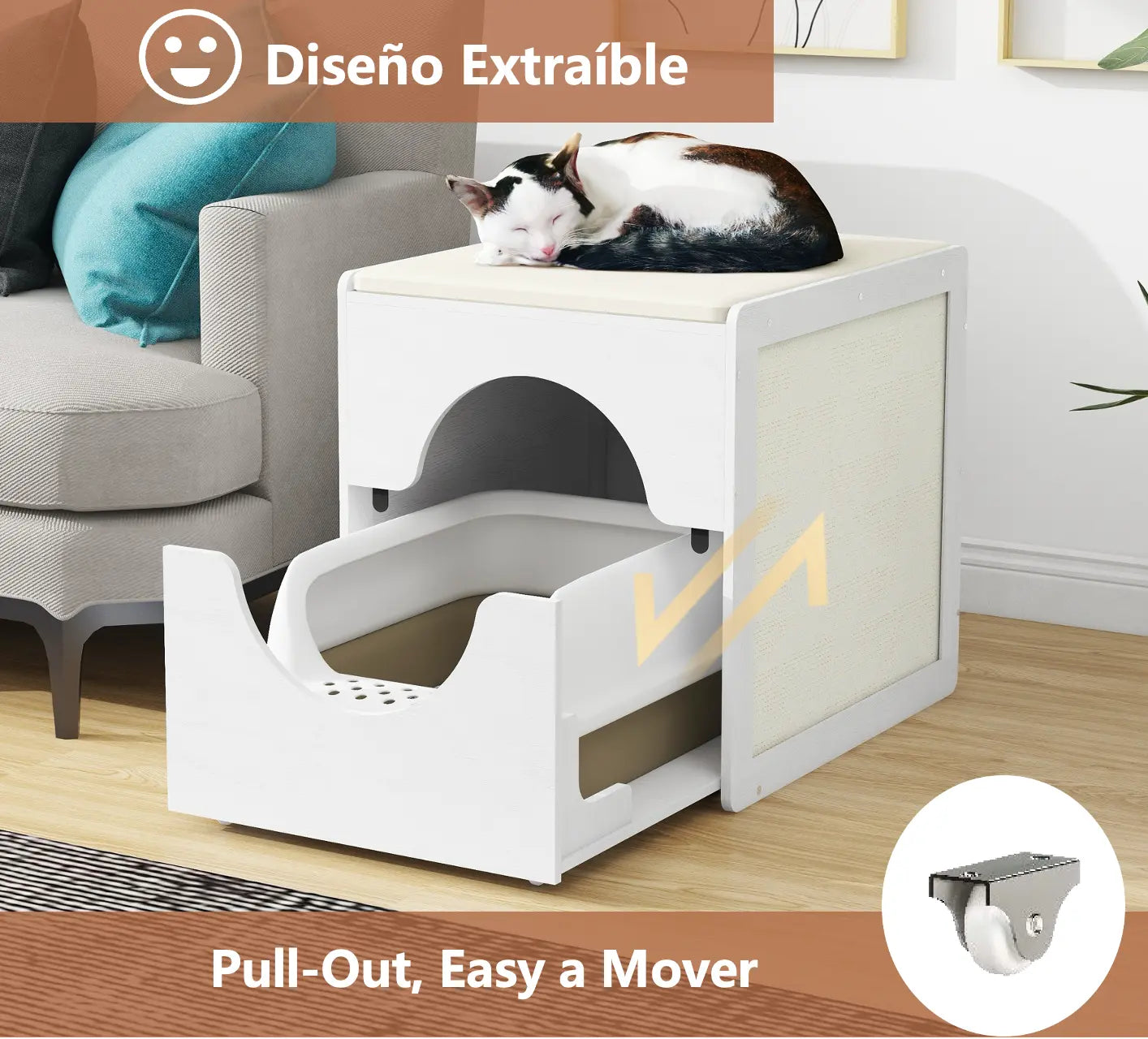 MU:4LIFE Pull-out Mueble Caja Gabinete de Arenero para Gato con Tabla Rascador, Cojin Y Ruedas MU:4LIFE