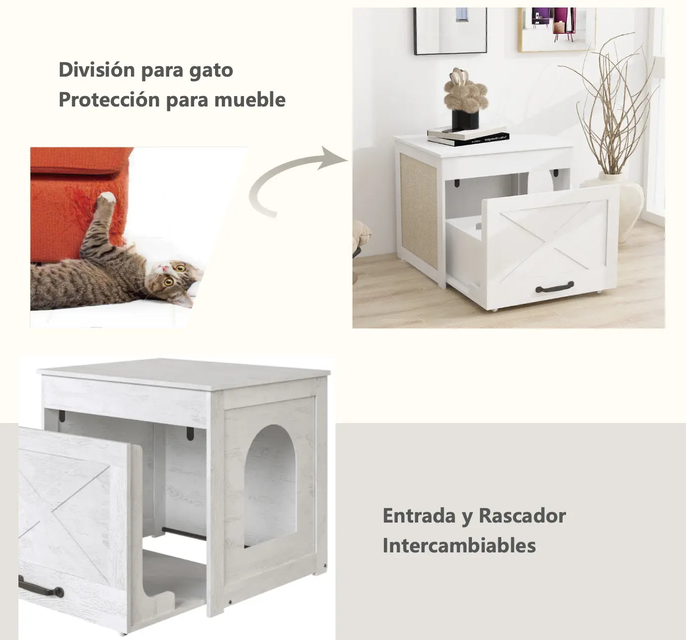 MU:4LIFE Pull-out Mueble Caja Arenero para Gato con Tabla Rascador Y Ruedas MU:4LIFE