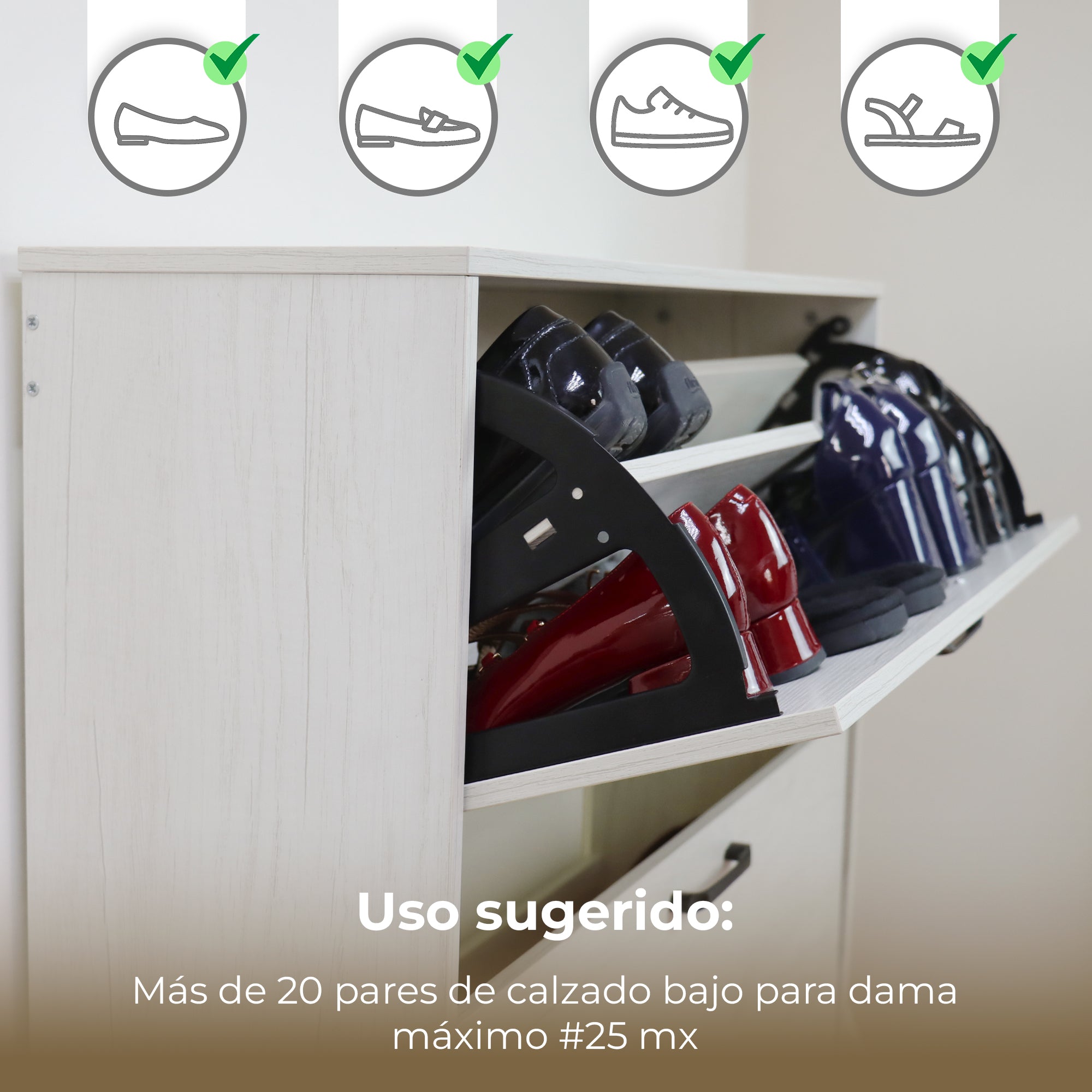 Gabinete para Calzado 3 Cajones Abatibles, Blanco Marfil, Ideal para Calzado Bajo de Mujer y Infantil, Tenis Bajo