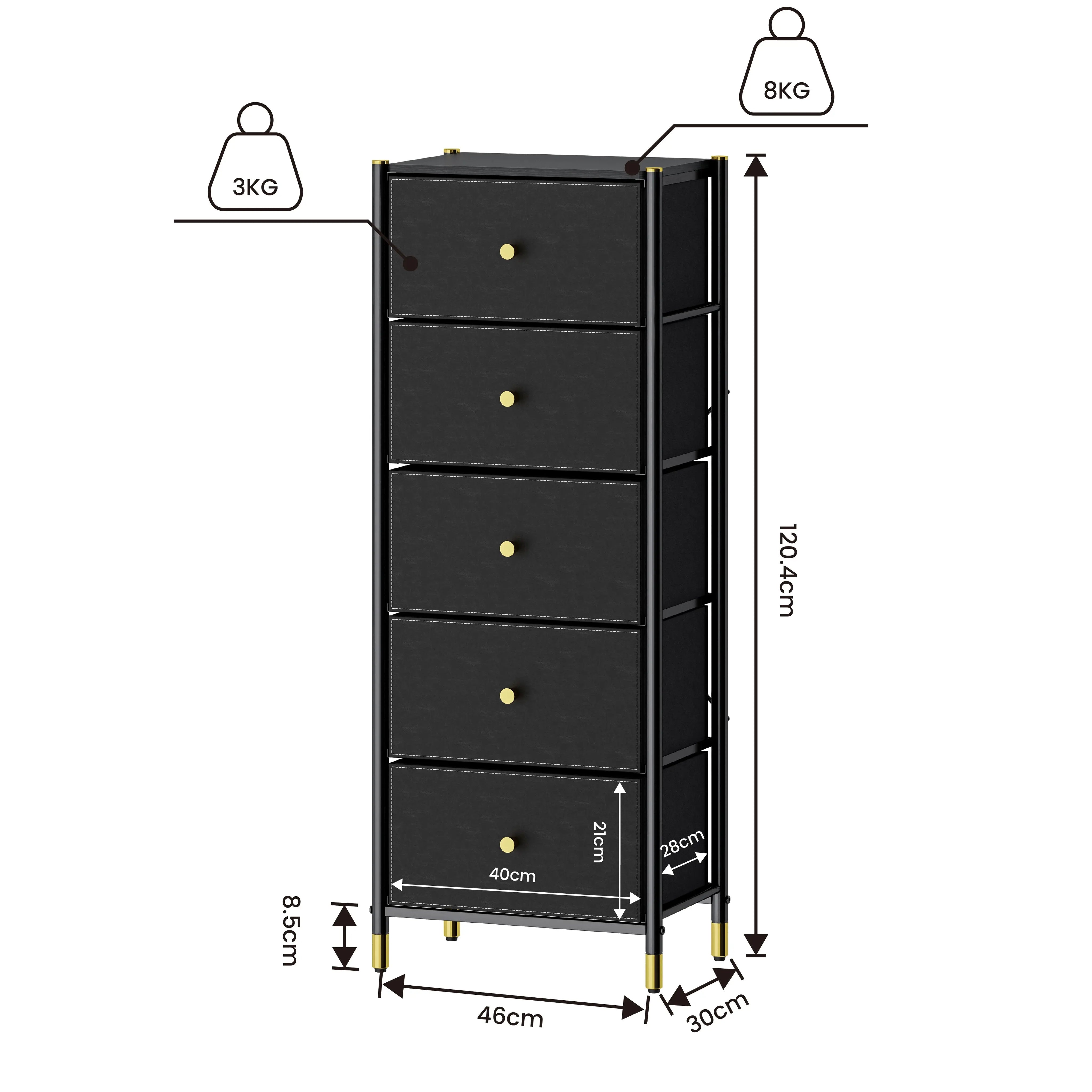 Cómoda Alta de 5 Cajones para Almacenamiento en Recámara, con Estructura Metálica, Tabla de MDF y Cajones de Tela No Tejida con Cubiertas de Cuero PU MU:4LIFE