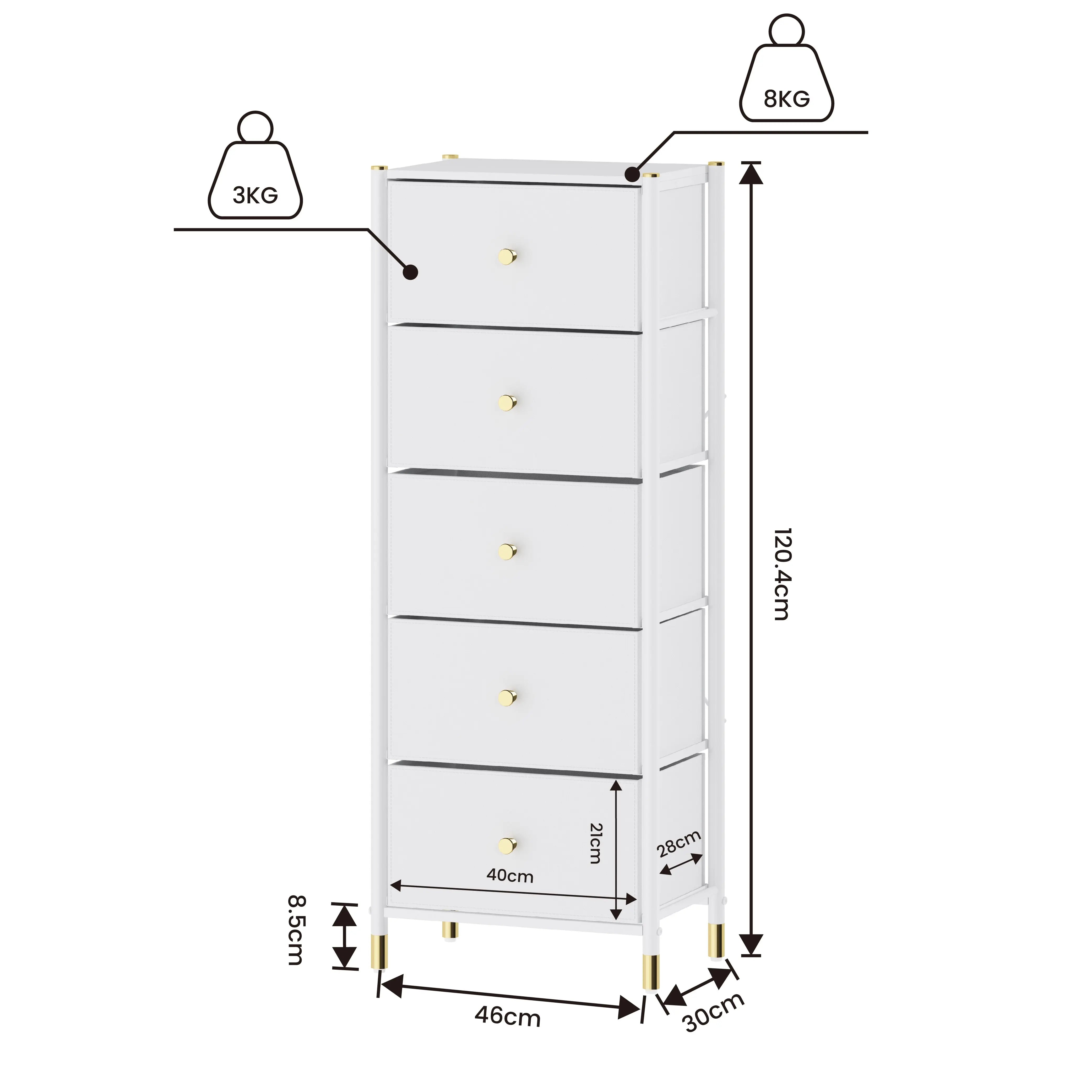 Cómoda Alta de 5 Cajones para Almacenamiento en Recámara, con Estructura Metálica, Tabla de MDF y Cajones de Tela No Tejida con Cubiertas de Cuero PU MU:4LIFE