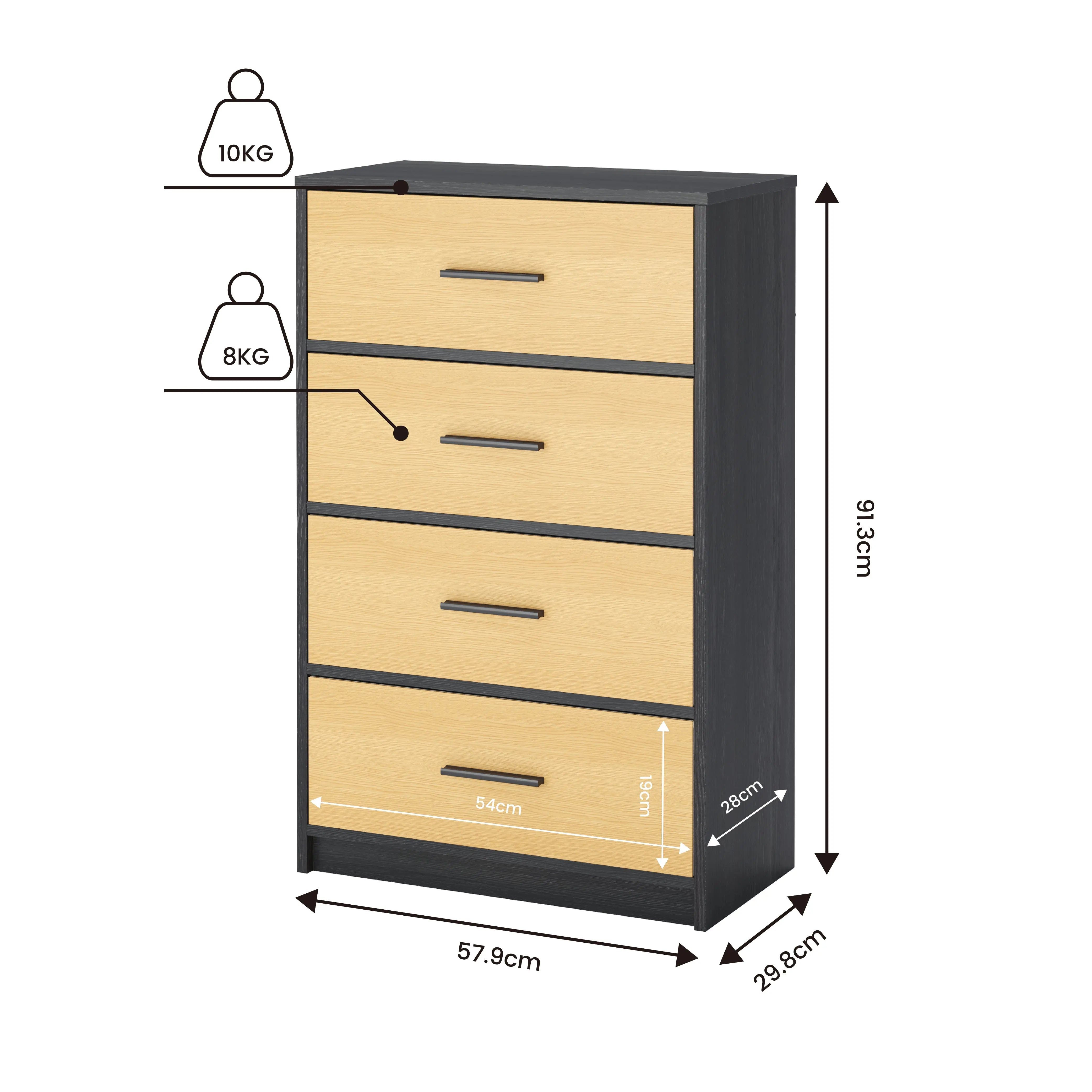 Cómoda Elegancia De 4 Cajones, Almacenamiento para Hogar Y Oficina, Organizador Cajonera De Estructura Madera y Cajon De Tela No Tejida y Cubiertas De MDF MU:4LIFE