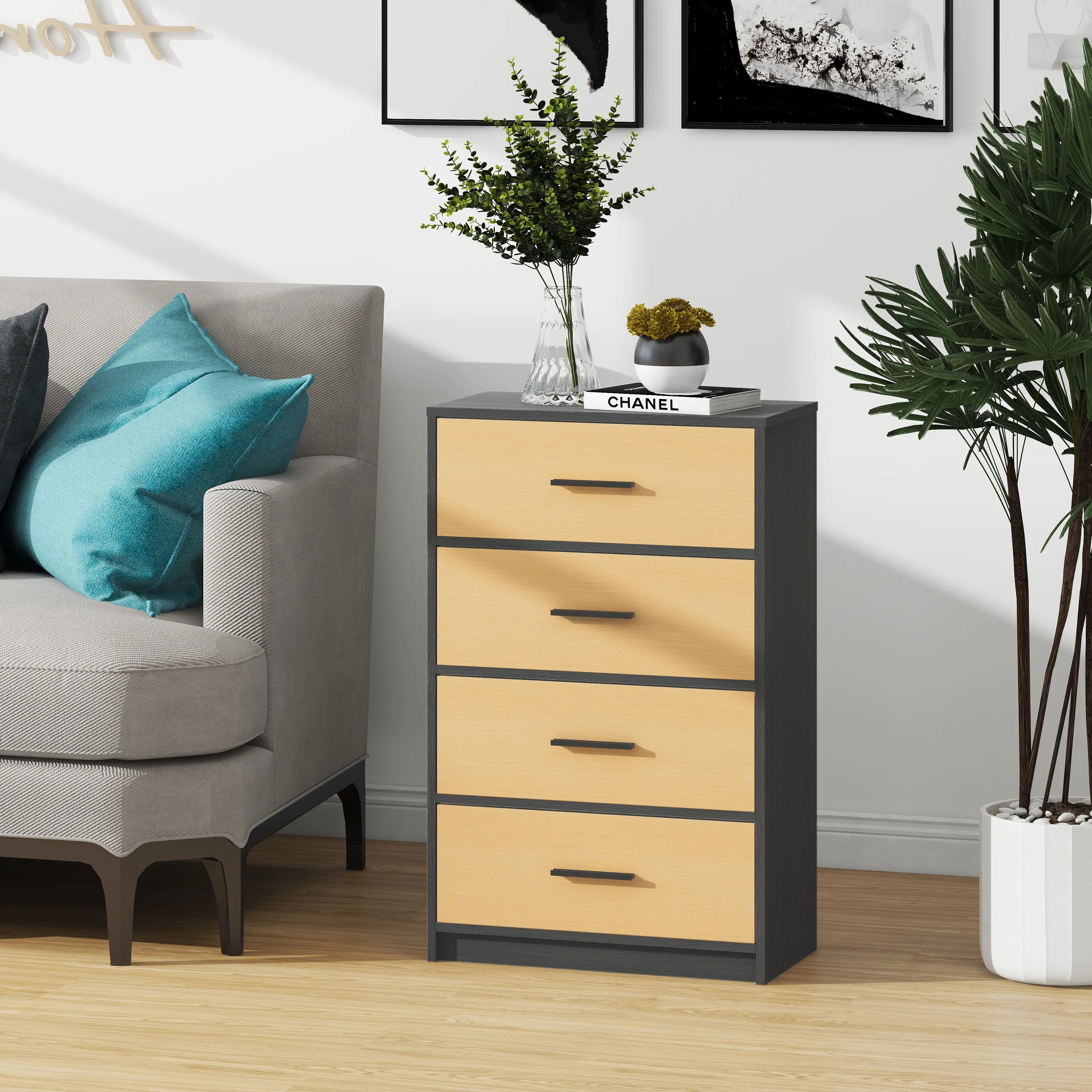 Cómoda Elegancia De 4 Cajones, Almacenamiento para Hogar Y Oficina, Organizador Cajonera De Estructura Madera y Cajon De Tela No Tejida y Cubiertas De MDF MU:4LIFE