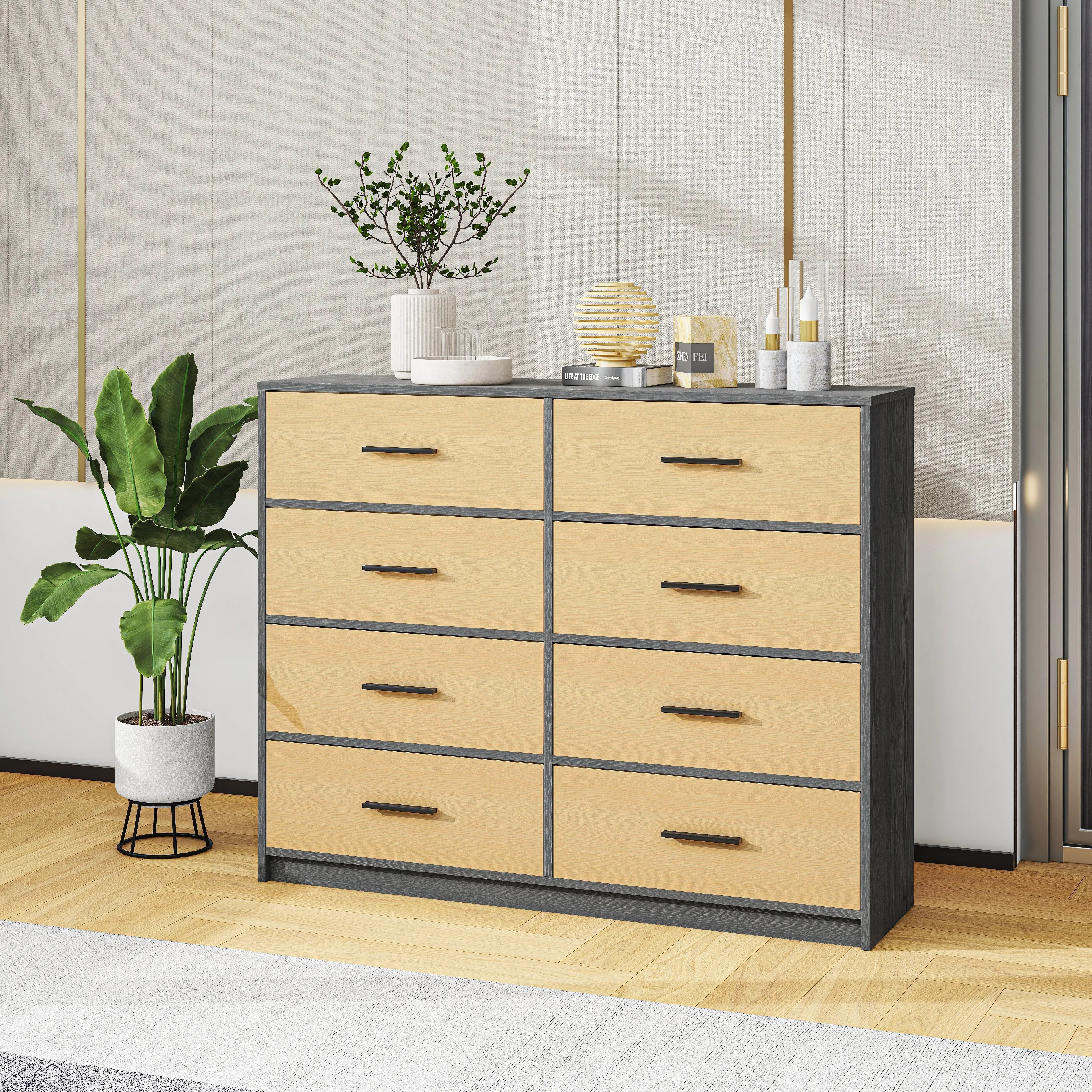 Cómoda Elegancia de 8 Cajones, Almacenamiento para Hogar y Oficina, Organizador Cajonera de Estructura de Madera y Cajones de Tela No Tejida con Cubiertas de MDF MU:4LIFE