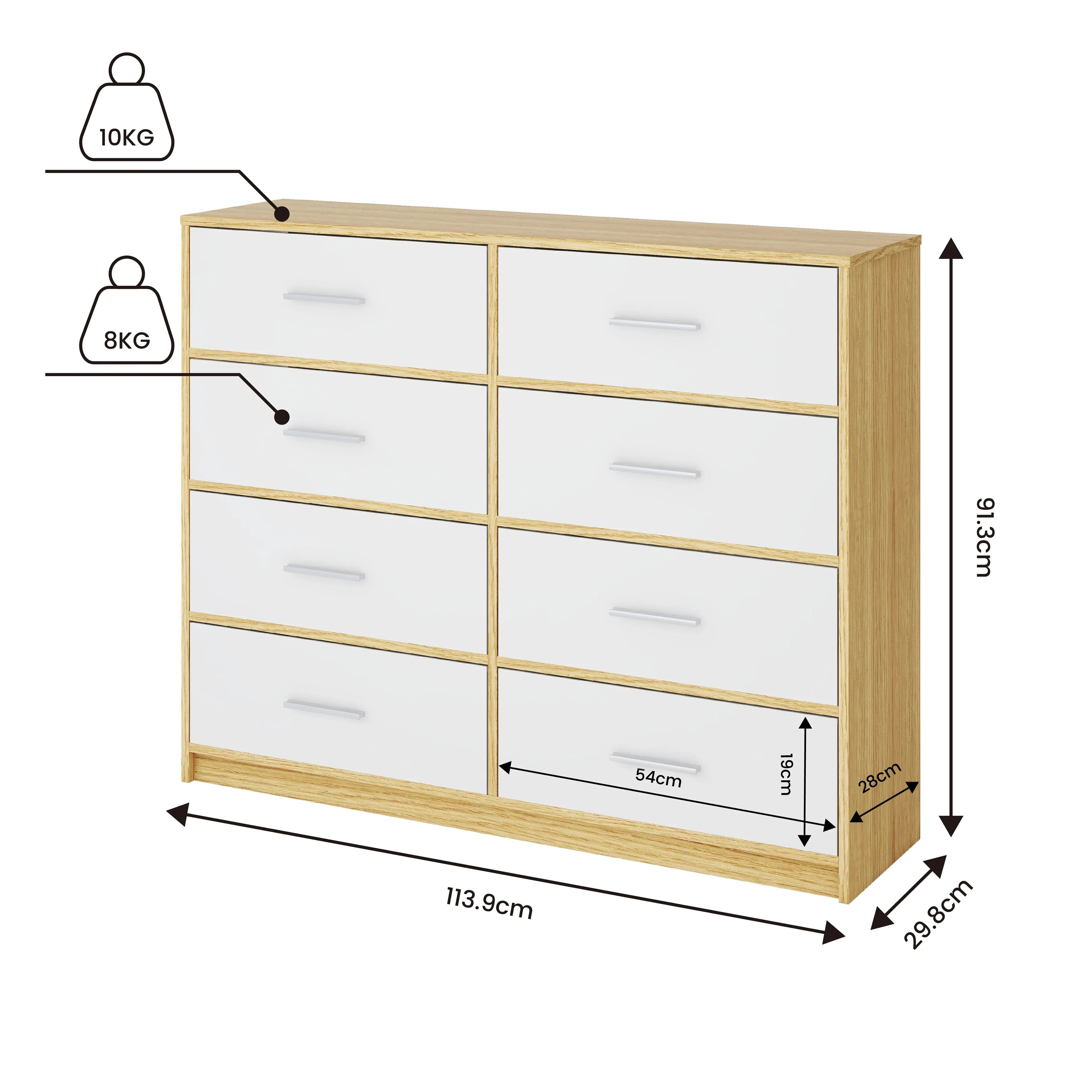 Cómoda Elegancia de 8 Cajones, Almacenamiento para Hogar y Oficina, Organizador Cajonera de Estructura de Madera y Cajones de Tela No Tejida con Cubiertas de MDF MU:4LIFE