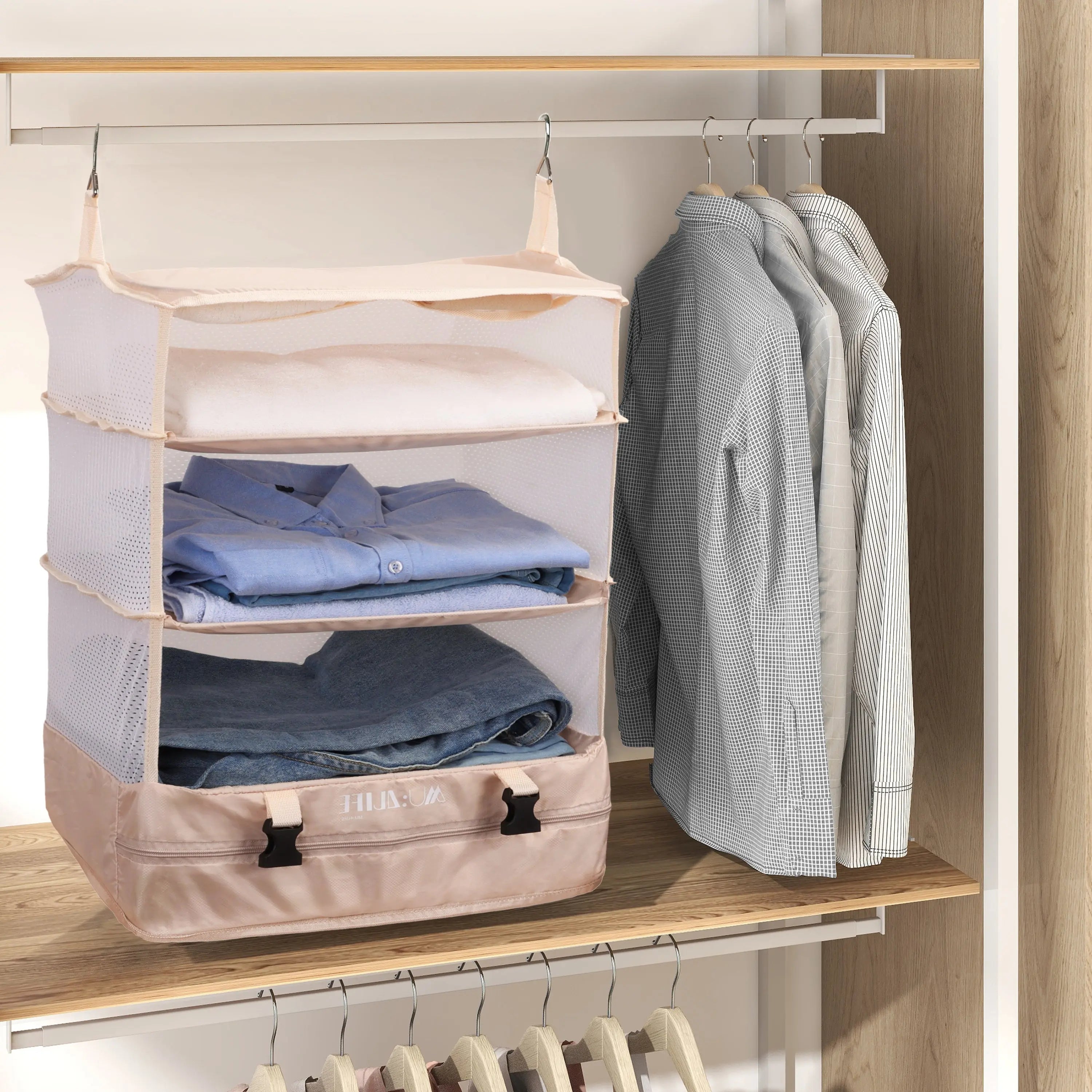 Organizador para equipaje de viaje, organizador para maleta de viaje grande, estilo closet colgante con 3 cajones y una bolsa, ahorra espacio y desempaquetar MU:4LIFE