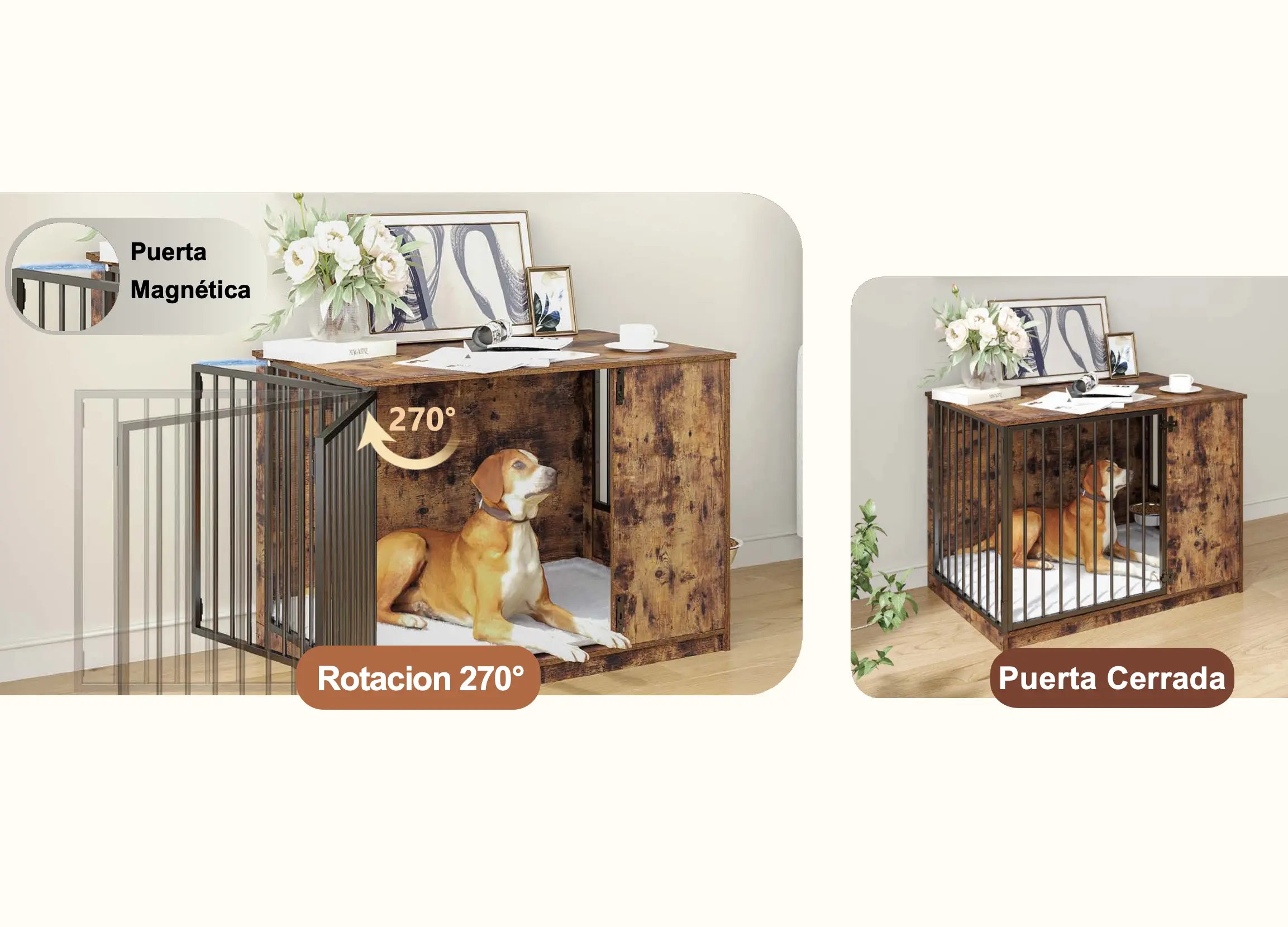 Mueble Jaula para Perros con Puerta de Rotación 270°, 2 Tazones Giratorios 360° y Cojín Doble Cara, Casa de Perro de Alta Resistencia para Uso Interior (Atigrado) MU:4LIFE