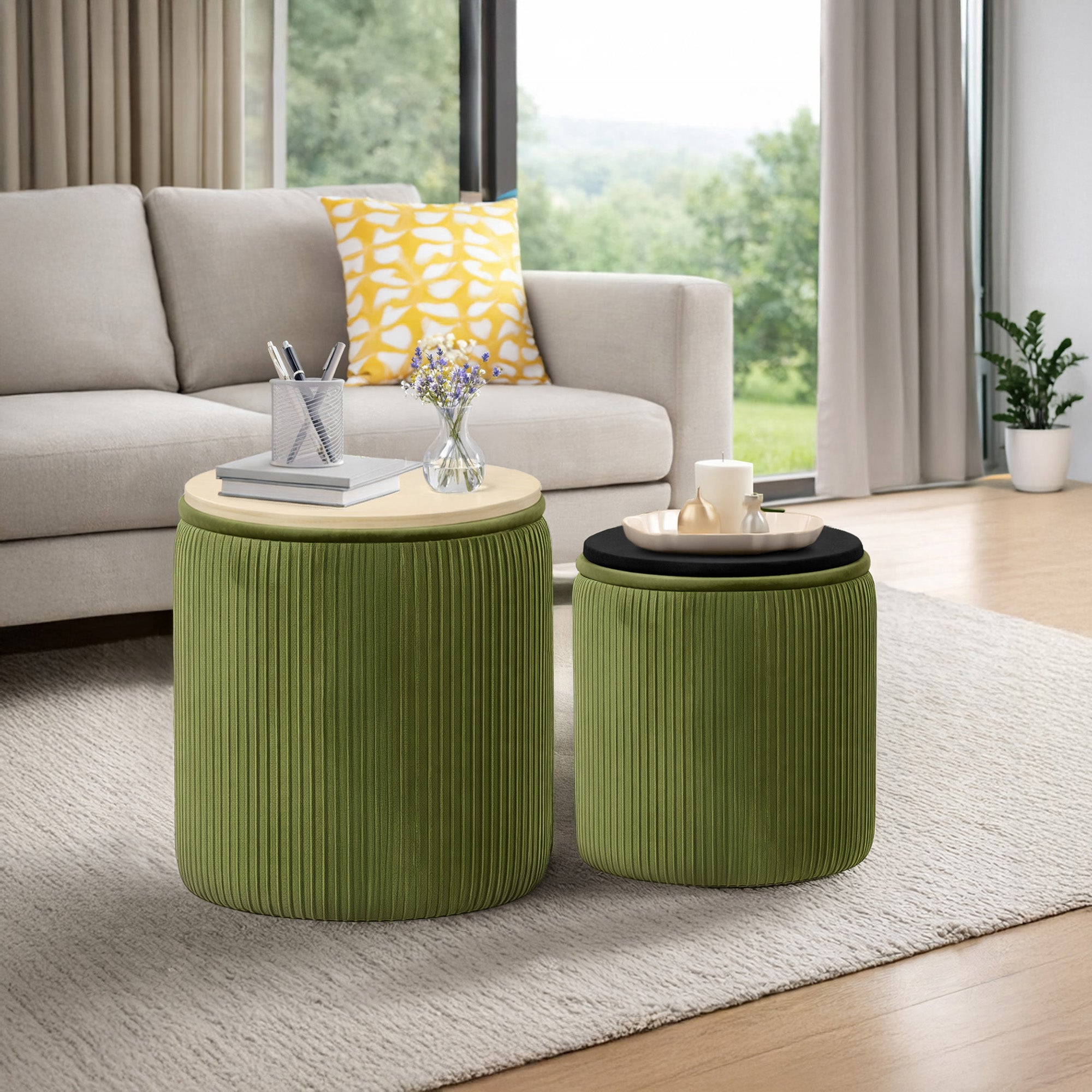 Set de 2 Taburetes Otomanos de Terciopelo con Almacenamiento, Banco Tapizado Decorativo