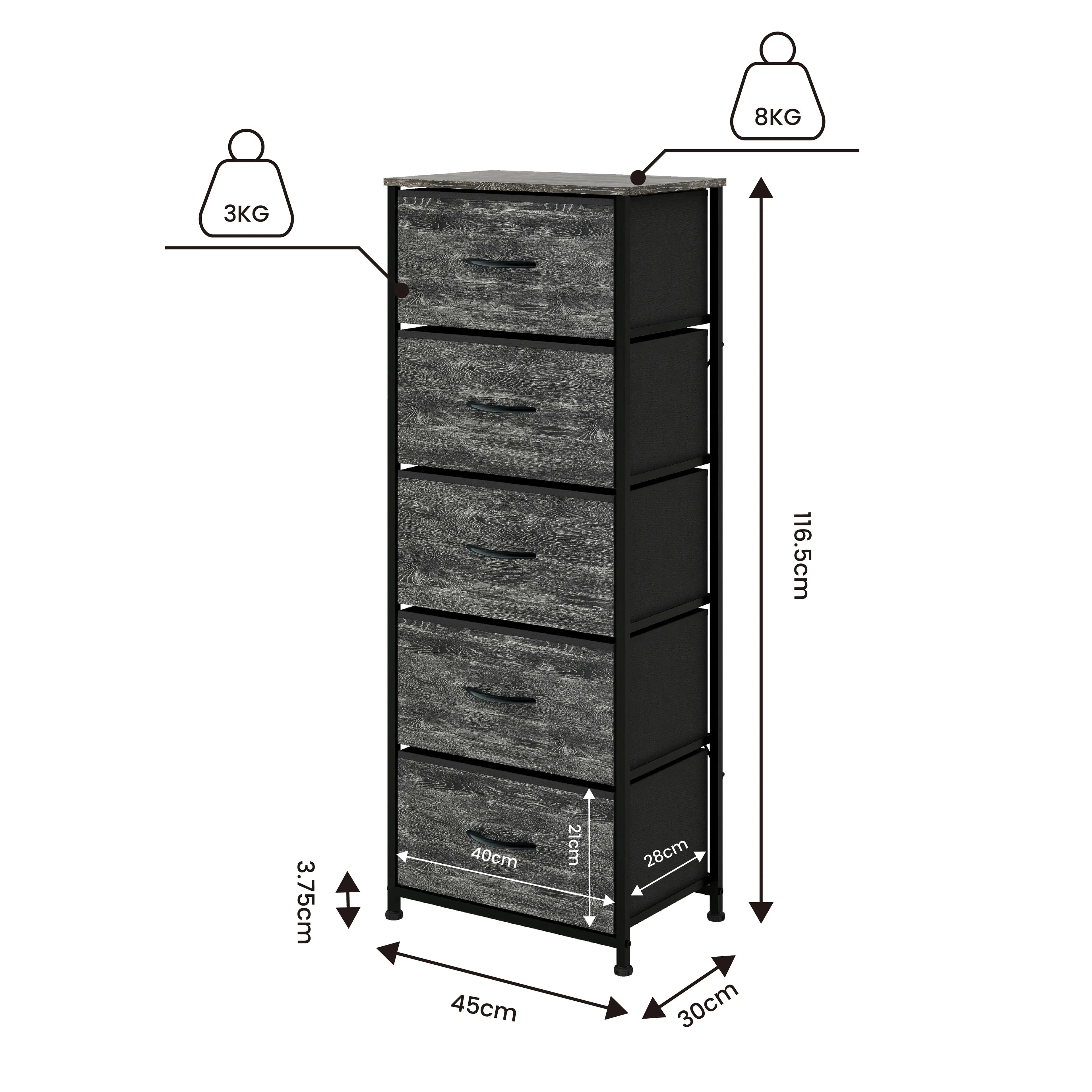 Cómoda de 5 Cajones para Almacenamiento en Hogar y Oficina, con Estructura de Metal y Cajones de Tela en Lino y Poliéster MU:4LIFE