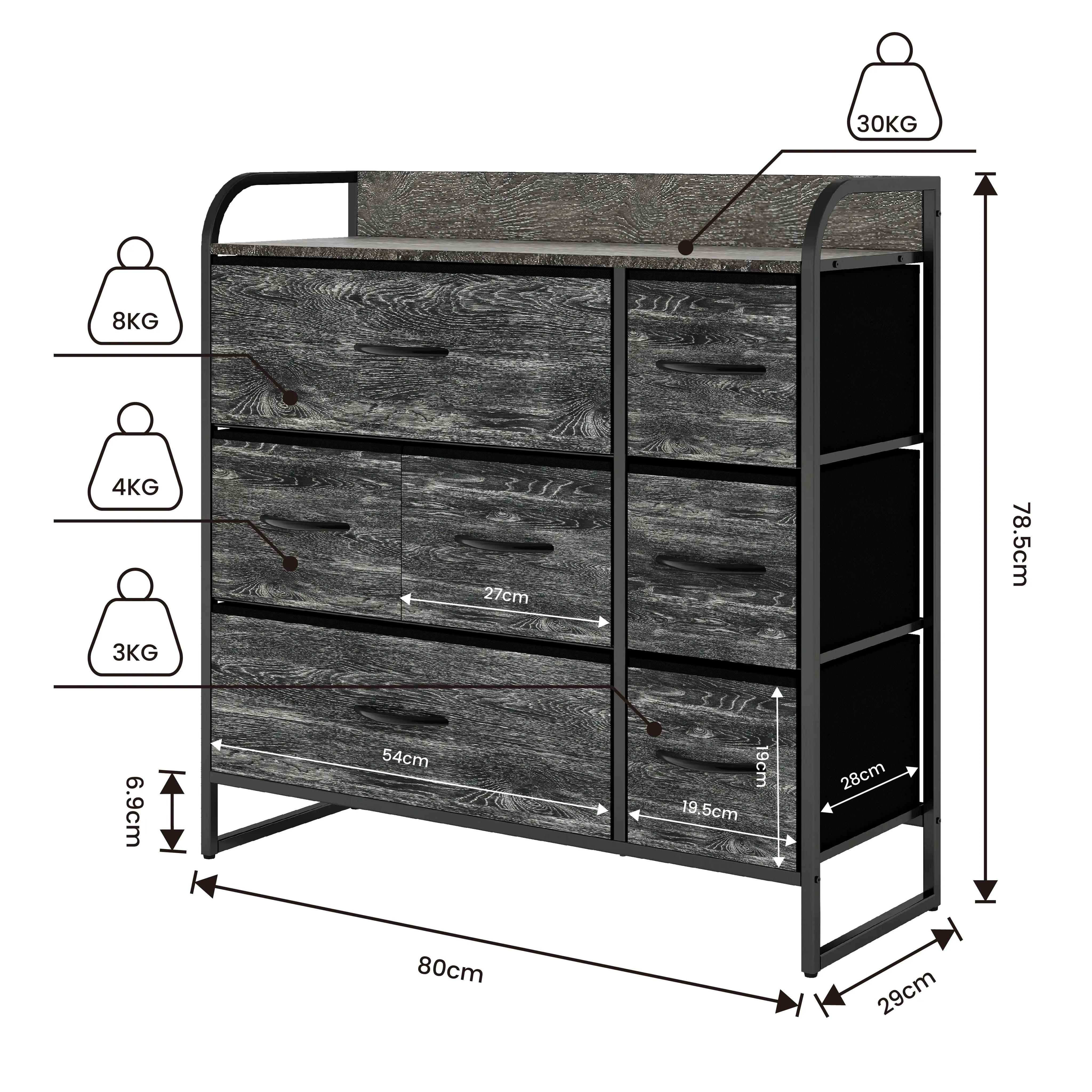 Cómoda de gran capacidad de 7 cajones almacenamiento para hogar y oficina, organizador cajonera de estructura metal y cajones de tela lino poliéster y tela no tejida MU:4LIFE