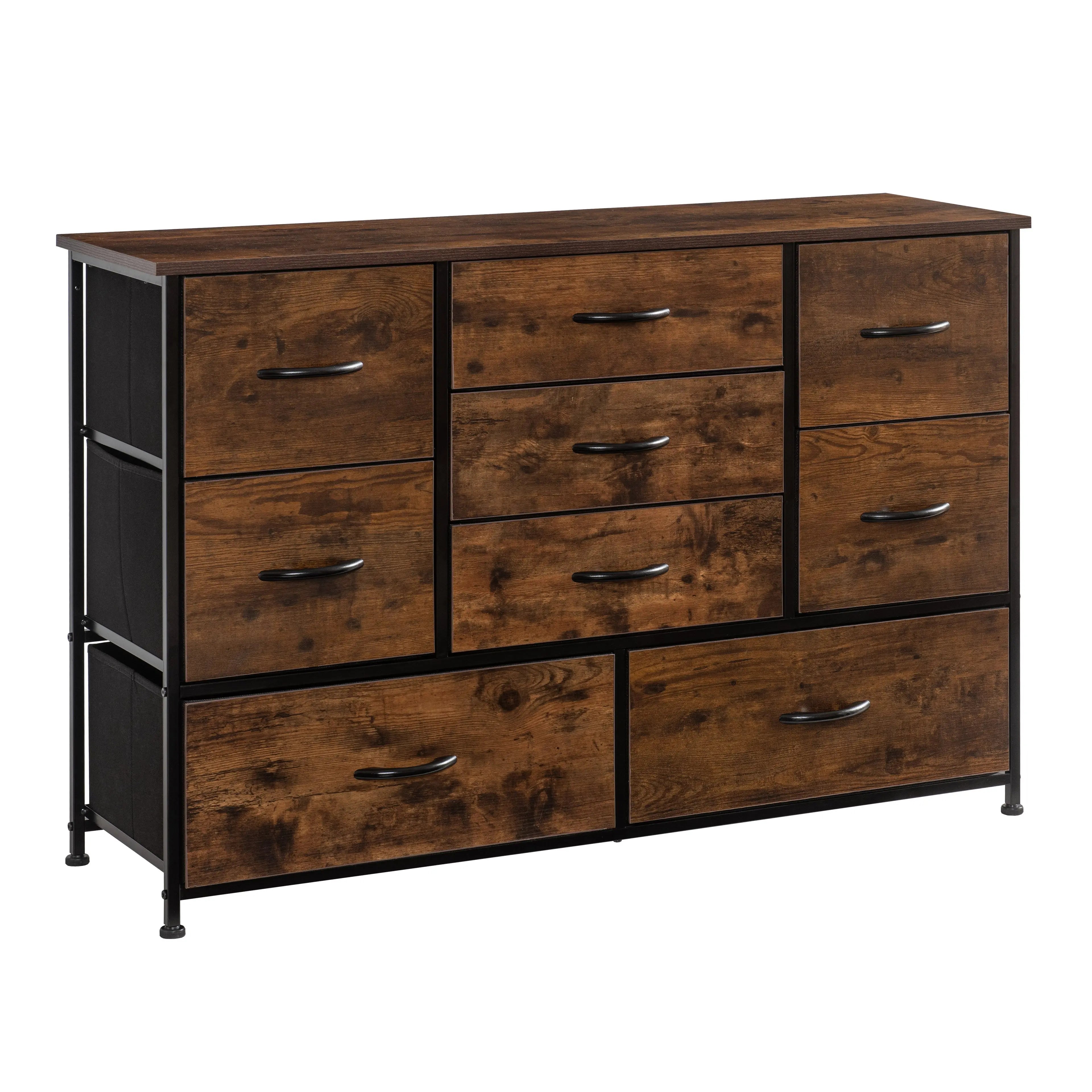 Cómoda Ancha de 9 Cajones Atigrada para Almacenamiento en Hogar y Oficina, con Estructura de Metal, Tabla de MDF y Cajones de Tela No Tejida con Cubiertas de MDF MU:4LIFE